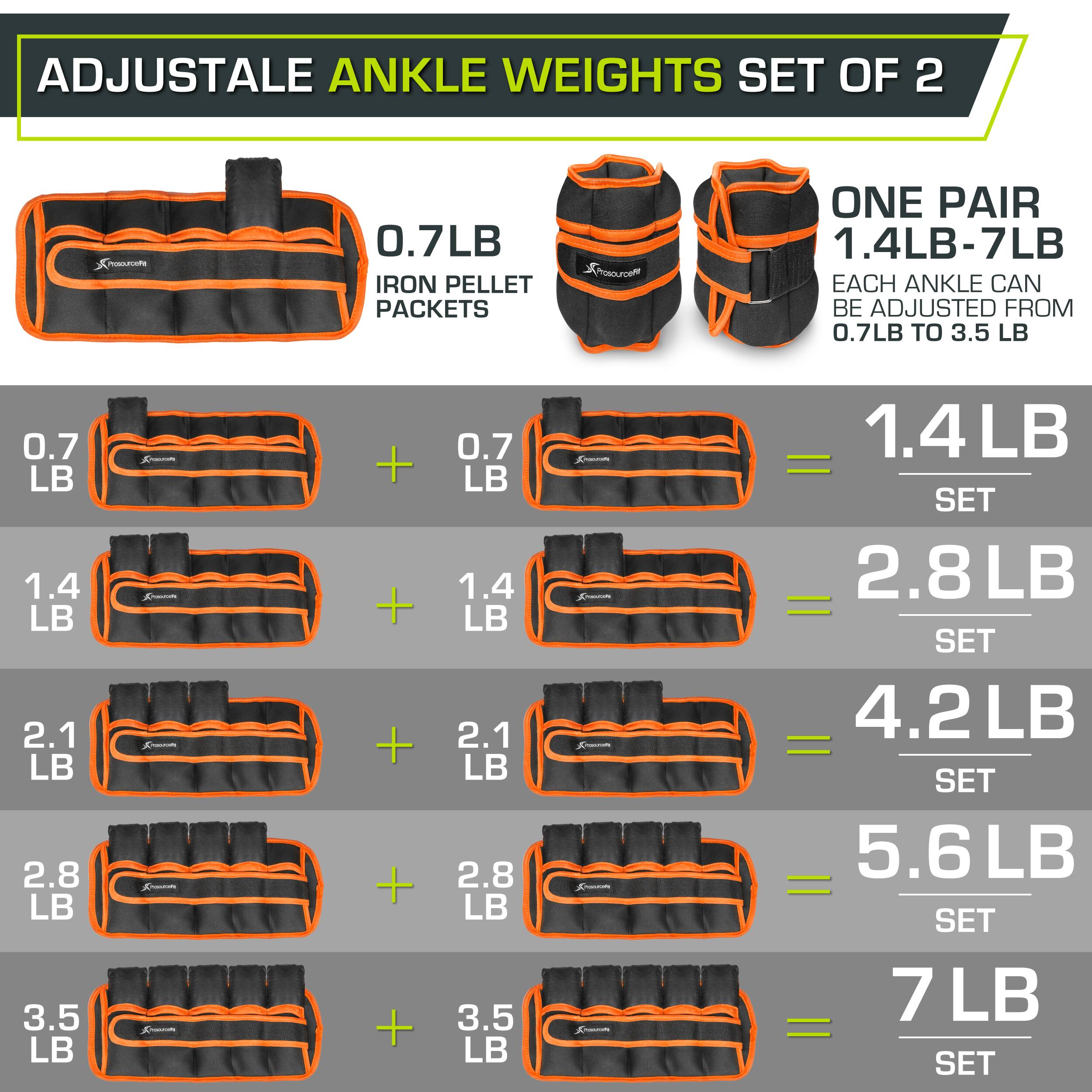 ADJUSTALE ANKLE WEIGHTS SET OF 2

0.7LB IRON PELLET PACKETS

ONE PAIR 1.4LB-7LB EACH ANKLE CAN BE ADJUSTED FROM 0.7LB TO 3.5 LB

0.7 LB + 0.7 LB = 1.4 LB SET
1.4 LB + 1.4 LB = 2.8 LB SET
2.1 LB + 2.1 LB = 4.2 LB SET
2.8 LB + 2.8 LB = 5.6 LB SET
3.5 LB + 3.5 LB = 7 LB SET