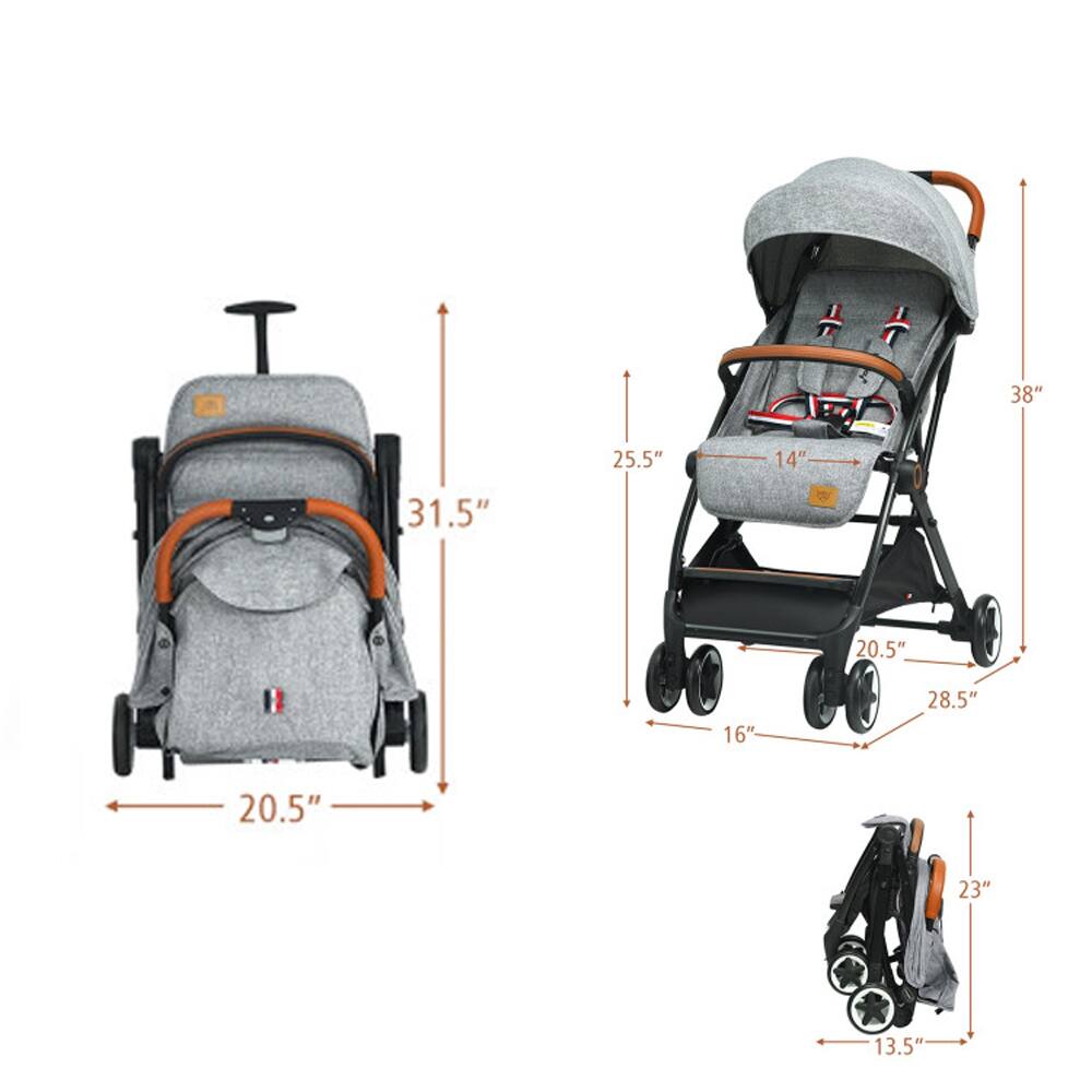 Sure, here is the corrected and grouped text from the image:

- Width: 20.5"
- Height: 31.5"
- Seat Width: 14"
- Seat Height: 25.5"
- Handle Height: 38"
- Folded Width: 13.5"
- Folded Height: 23"
- Folded Length: 28.5"
- Wheel Diameter: 16"