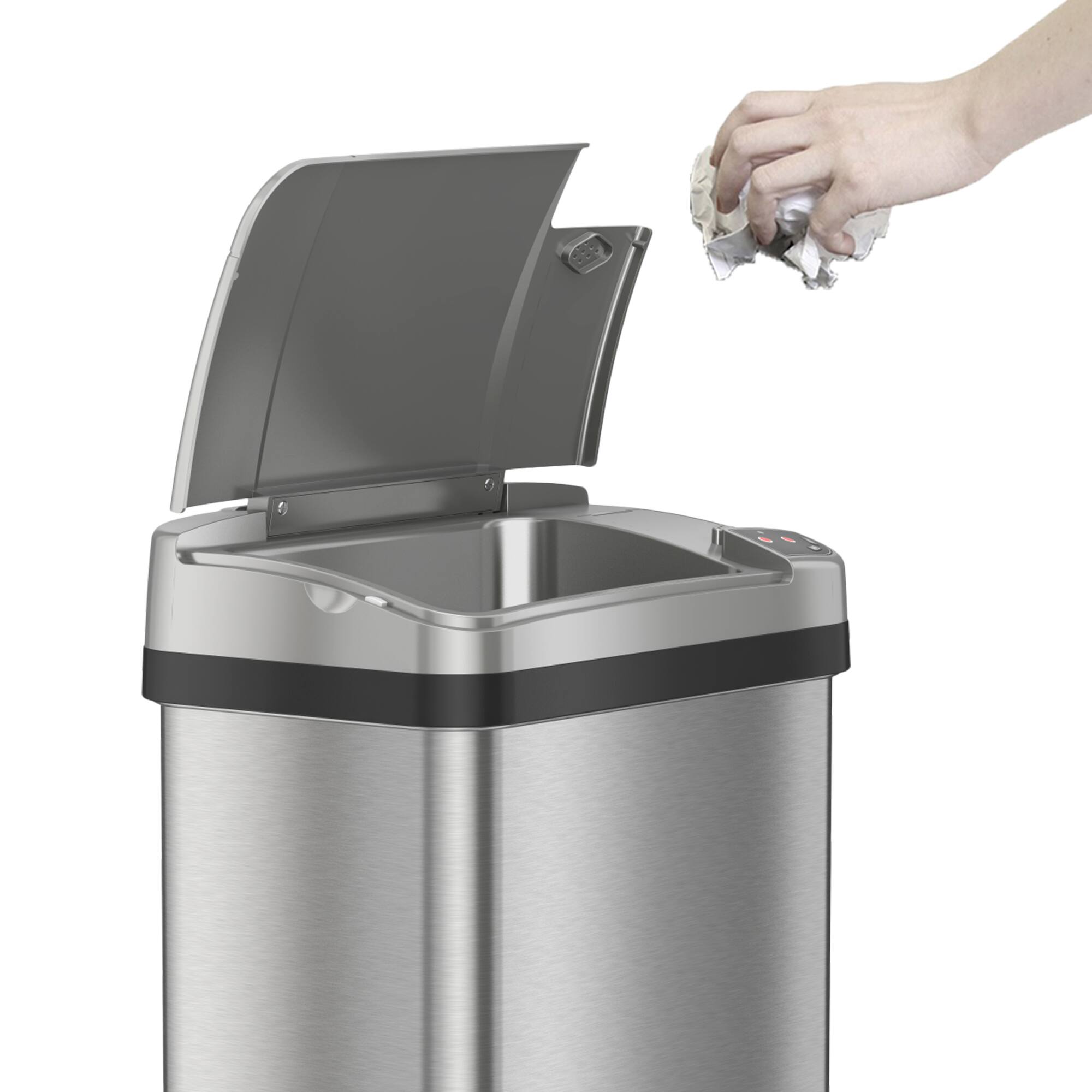 Left. iTouchless - 4 Gallon Touchless Sensor Trash Can with AbsorbX Odor Control and Fragrance, Bathroom Garbage Bin - Stainless Steel.