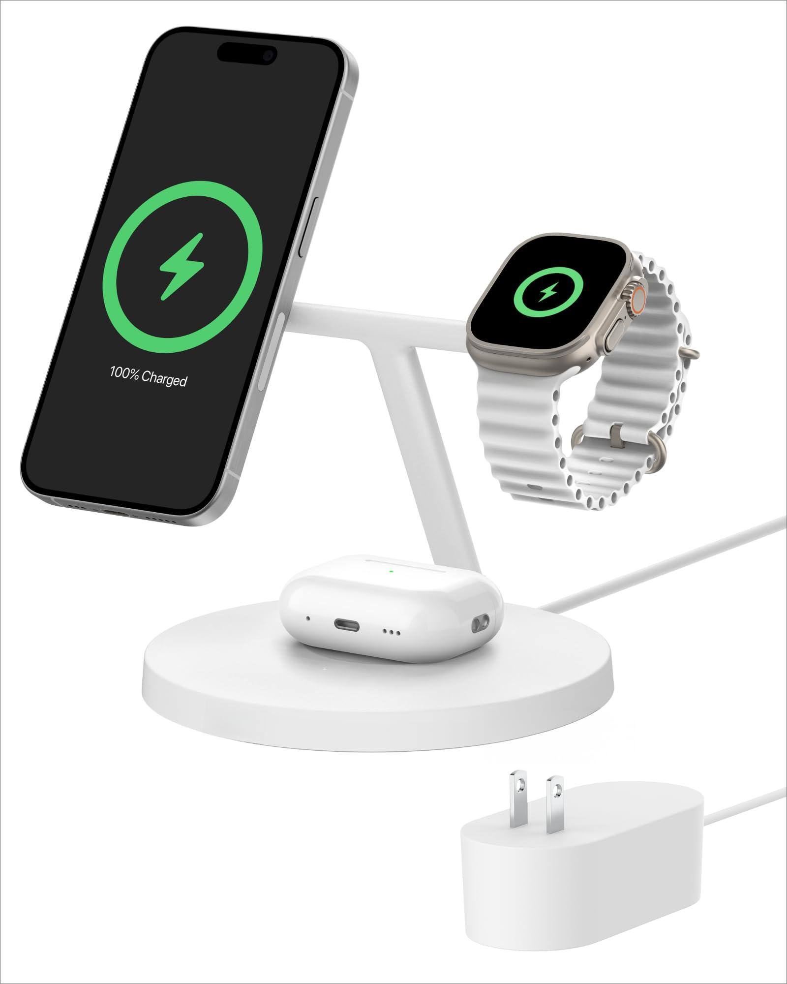 VEGA AUTOMOTIVE - Magsafe compatible 3 in 1 Wireless Stand 15w Qi2 certified Charging Station Fast Of Airpods Watch 36w Included - White