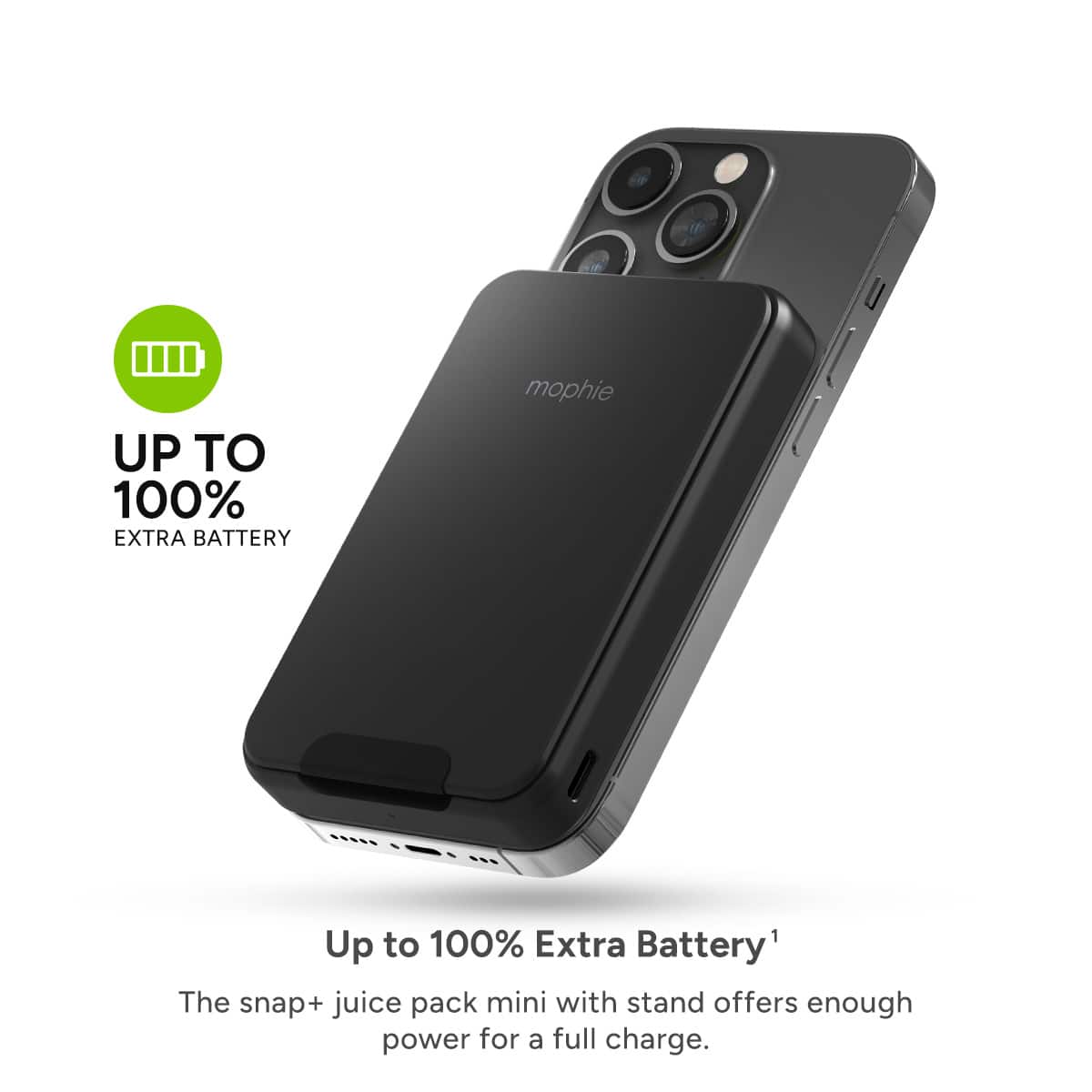 The image shows a black Mophie phone case with a built-in battery pack. The case is advertised as providing up to 100% extra battery, which means it can fully charge the phone. The case also has a stand feature, allowing the phone to be propped up for easy viewing. The advertisement emphasizes the convenience and power-saving benefits of the Mophie case, making it an attractive option for those who need extra battery life for their smartphones.