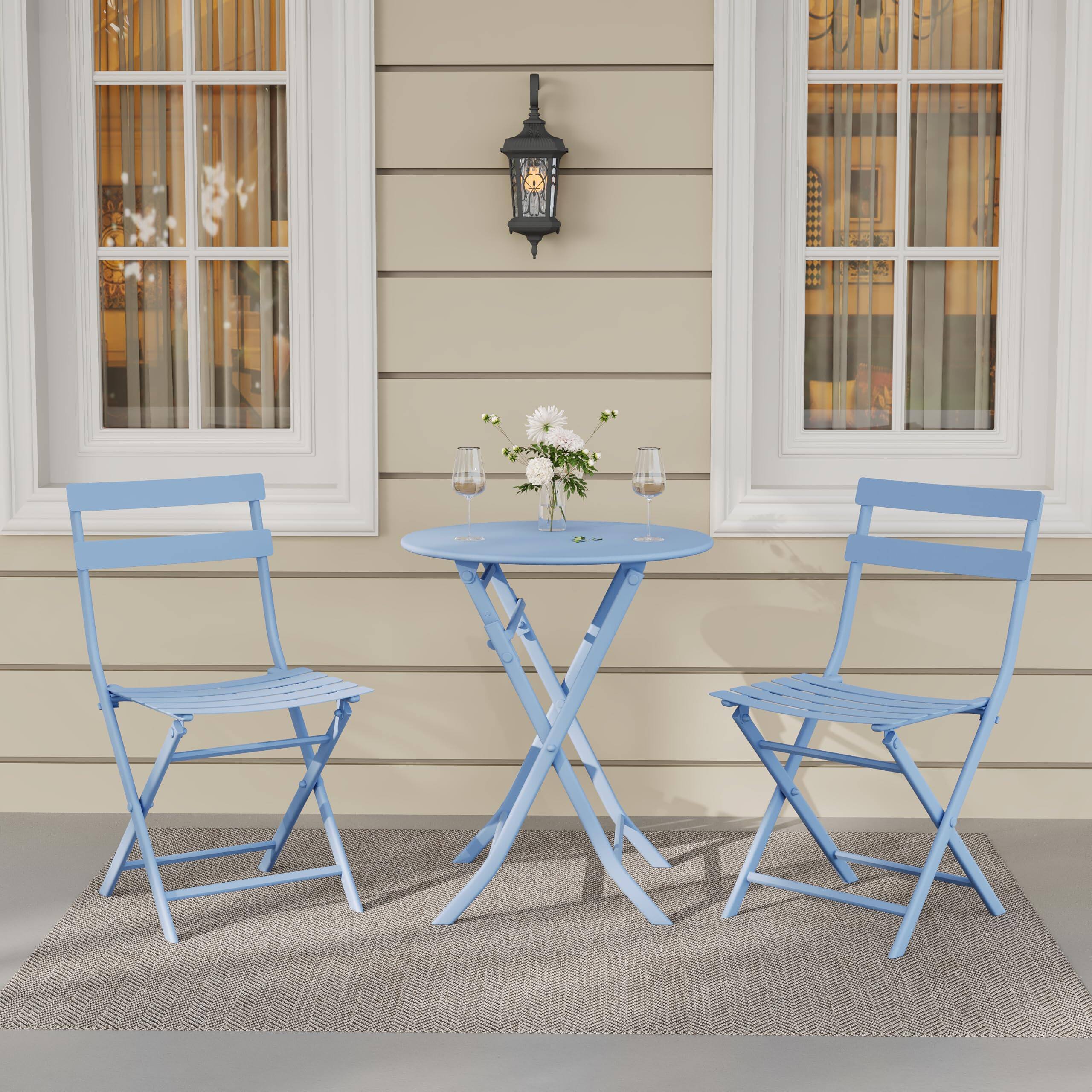 Back. Homhougo - 3-Piece Folding Bistro Set, Foldable Patio Furniture Set with Premium Frame, Outdoor Bistro Table and Chairs Set of 2 - Blue.