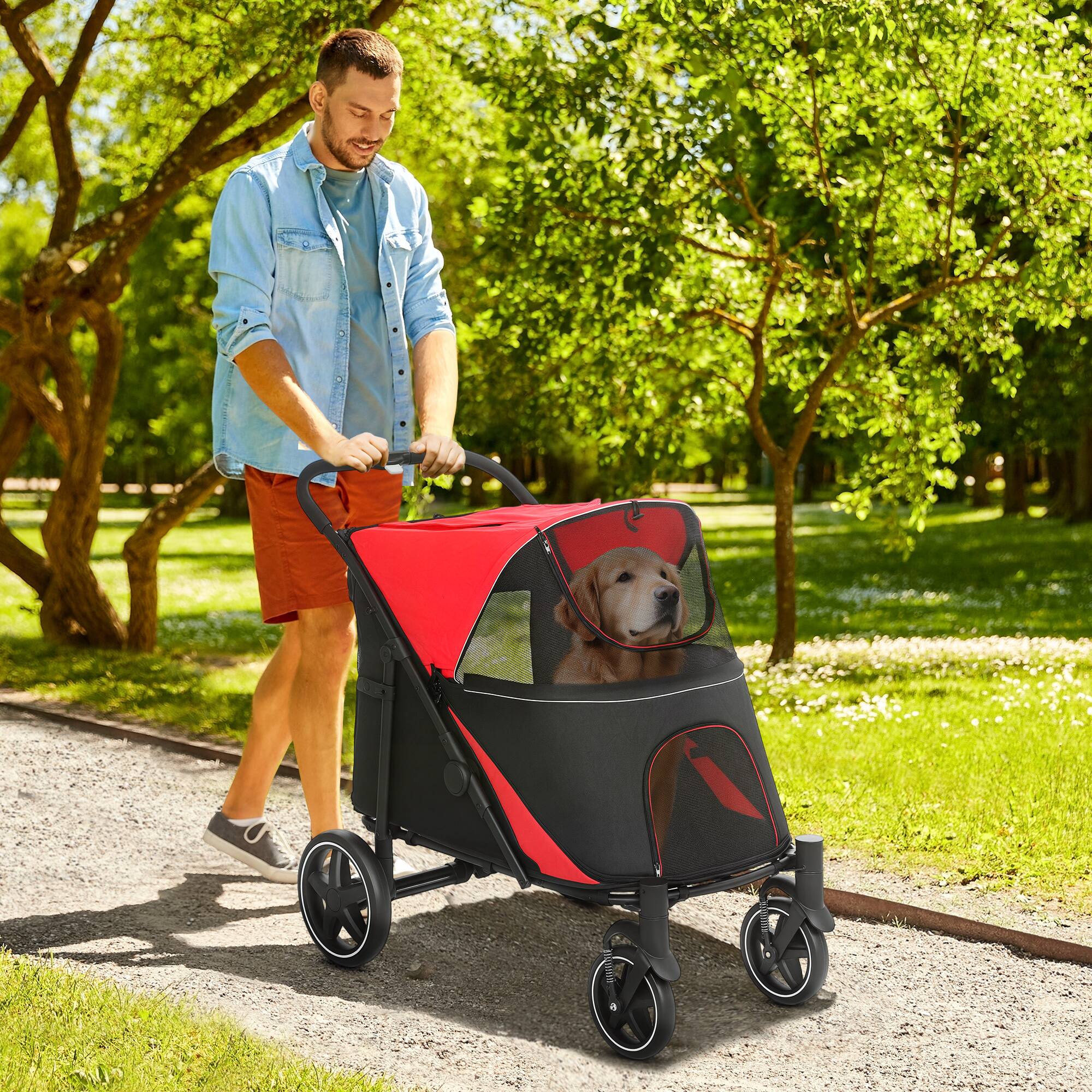 Alt View 1. Pawhut - Dog Stroller, for Dogs up to 66 Lbs, 23.5" Body Length, One-Click Foldable, Storage, Shock Wheels, Mesh, Leash.