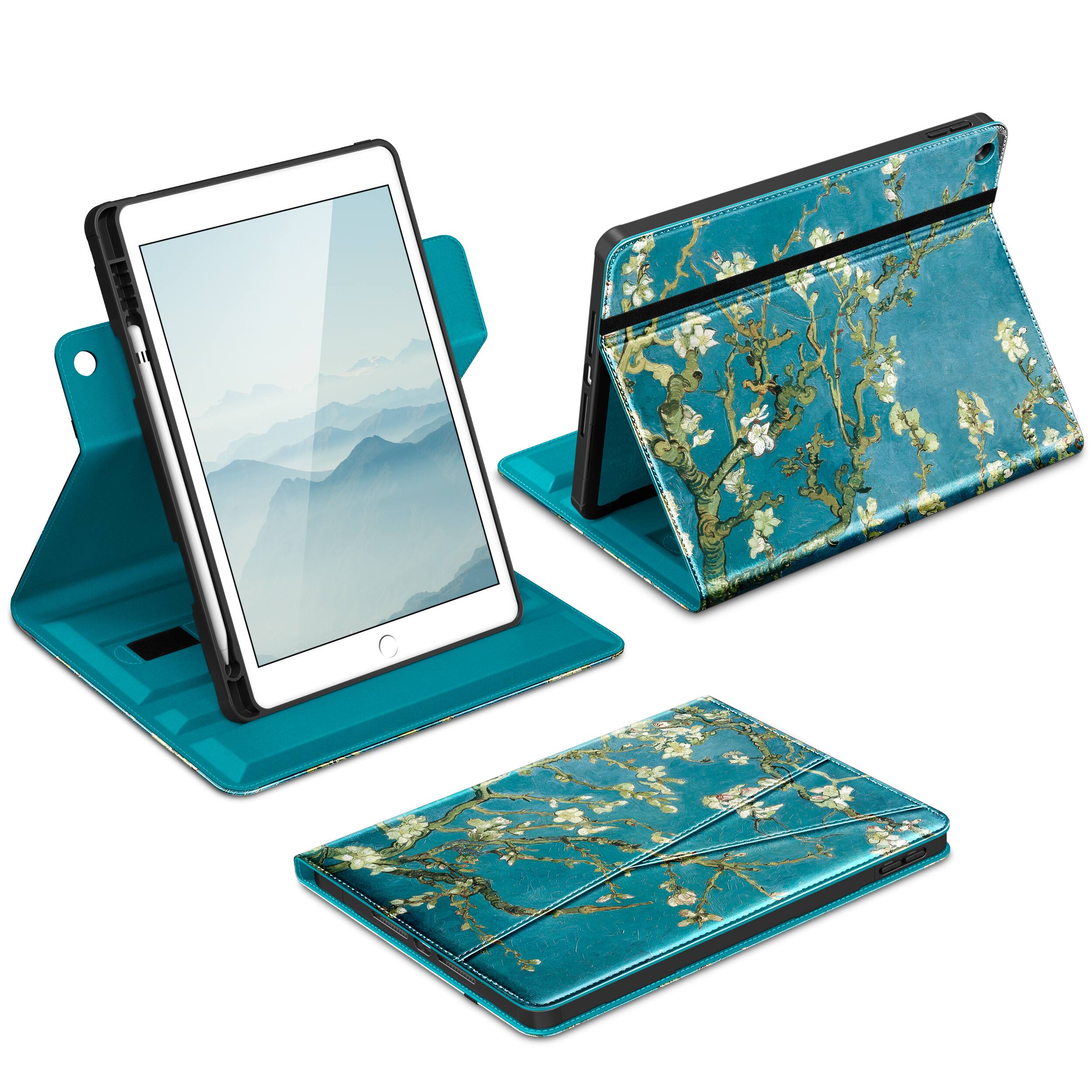 DTTO - Case for iPad 9th / 8th / 7th Generation 10.2-Inch – 360° Rotating Premium Leather Folio Stand Cover with Pencil Holder - Blossom