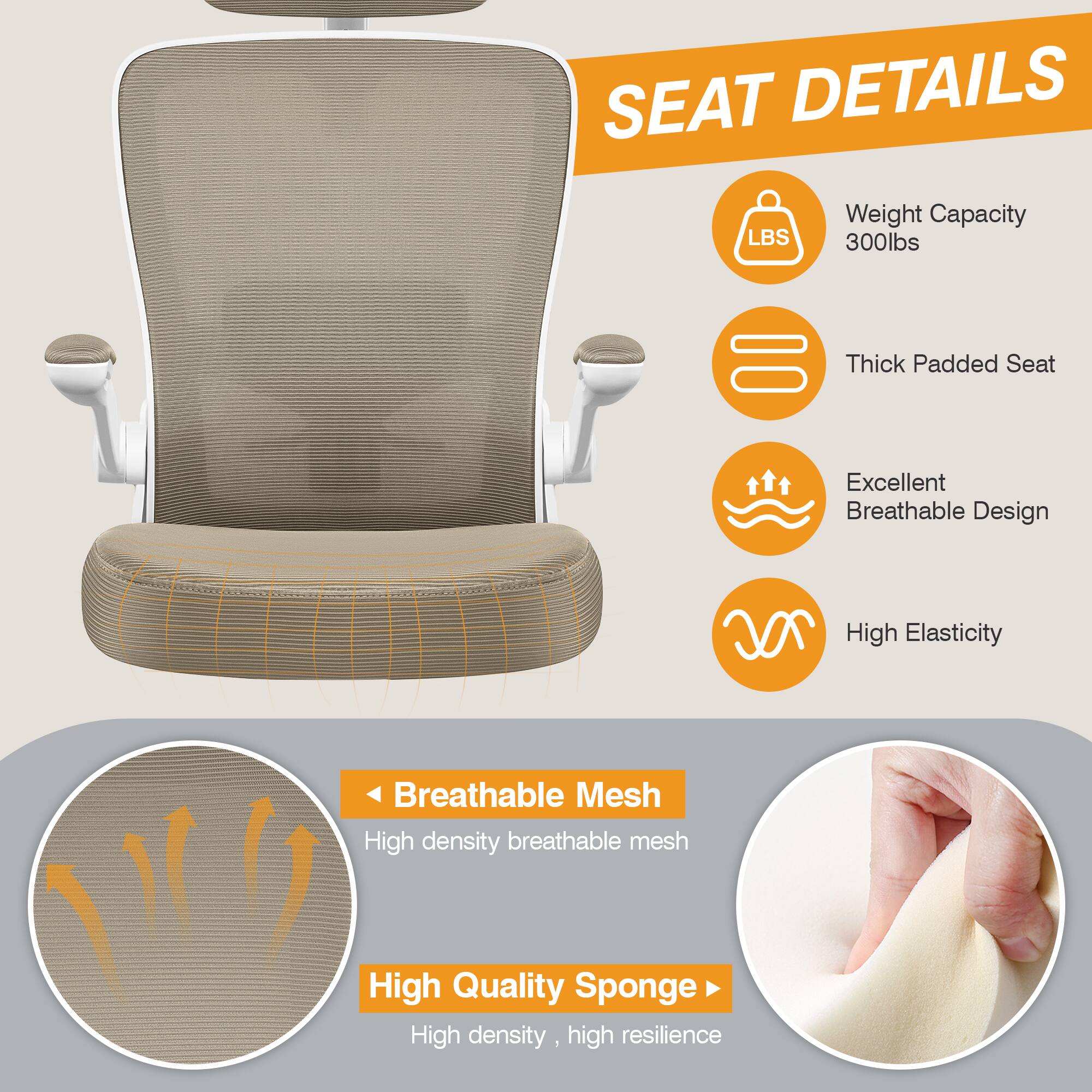 SEAT DETAILS

- Weight Capacity: 300lbs
- Thick Padded Seat
- Excellent Breathable Design
- High Elasticity
- Breathable Mesh: High density breathable mesh
- High Quality Sponge: High density, high resilience