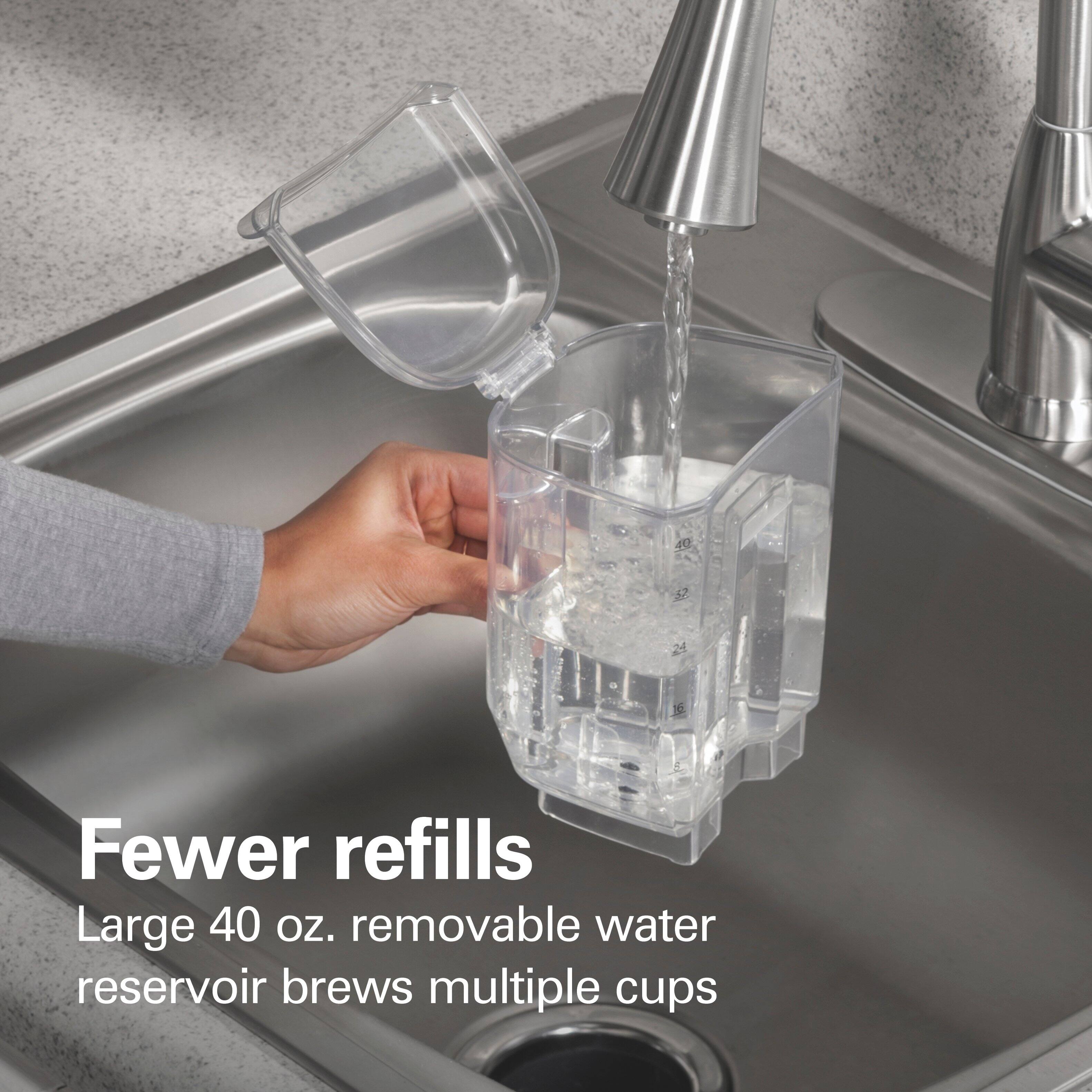 Fewer refills  
Large 40 oz. removable water reservoir brews multiple cups