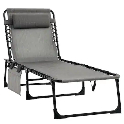 Front. Outsunny - Reclining Chaise Lounge Chair, Portable Sun Lounger, Folding Camping Cot with Adjustable Backrest and Removable Pillow - Grey.