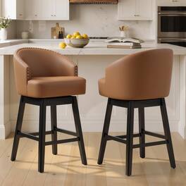 Crestlive Products - 2PC 30" Swivel Faux leather Upholstered Bar Stools with Solid Wood Legs Home Decor - Brown