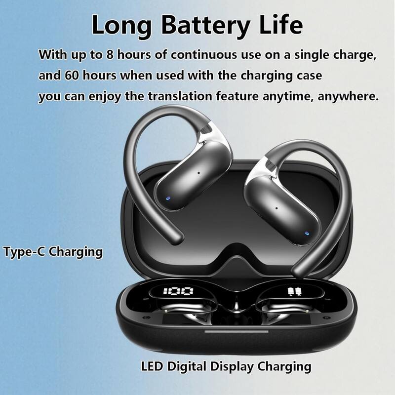 Long Battery Life

With up to 8 hours of continuous use on a single charge, and 60 hours when used with the charging case you can enjoy the translation feature anytime, anywhere.

Type-C Charging

LED Digital Display Charging