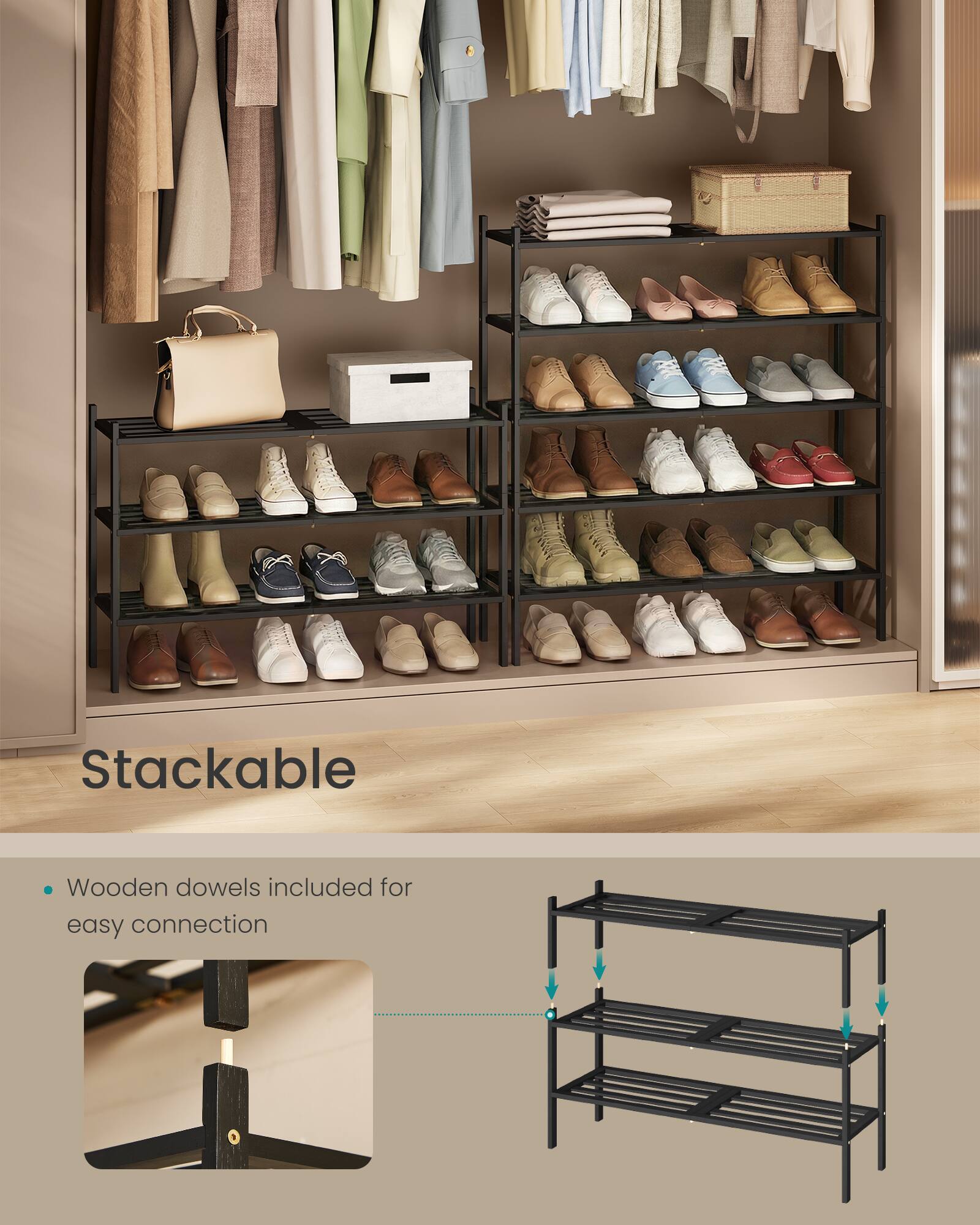 Stackable

- Wooden dowels included for easy connection