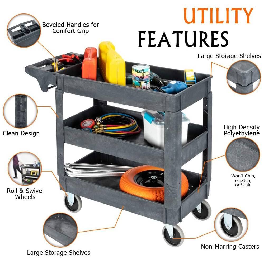 Beveled Handles for Comfort Grip  
UTILITY FEATURES  
Large Storage Shelves  
Clean Design  
High Density Polyethylene  
Roll & Swivel Wheels  
Won't Chip, Scratch, or Stain  
Large Storage Shelves  
Non-Marring Casters