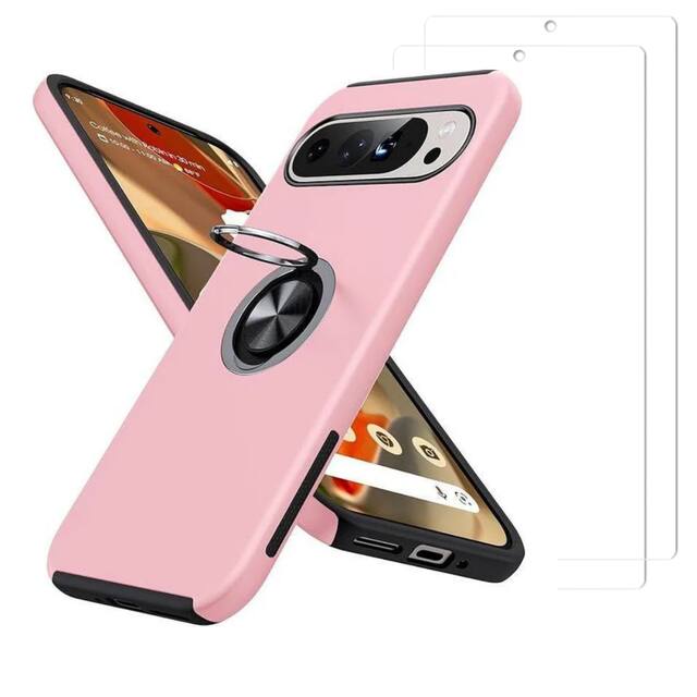 Front. Entronix - Entronix 360º Ring Gripstand Case Bundle for Google Pixel 9 Pro XL with 2 Clear Screen Protectors - Pink.