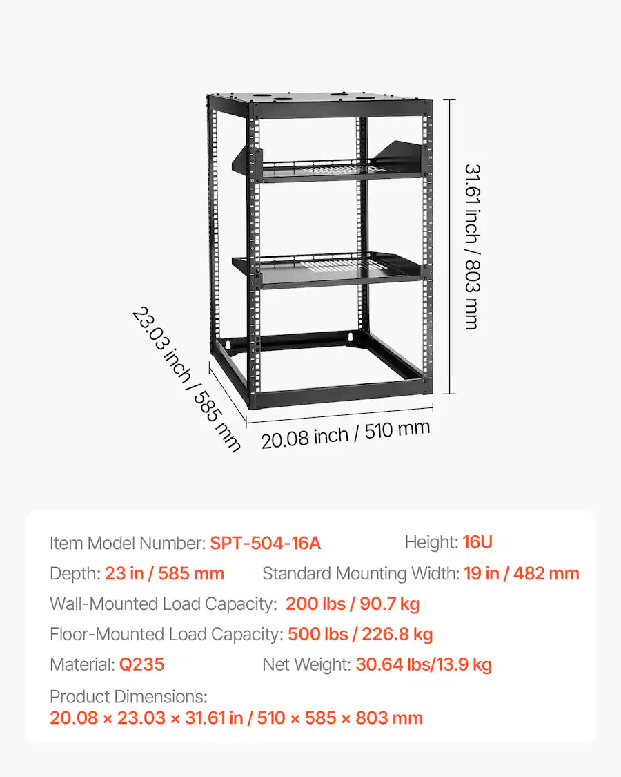 Spt Racks VEVOR 16U Open Frame Network Rack, 23 in Depth, Wall Mounted or Floor ...