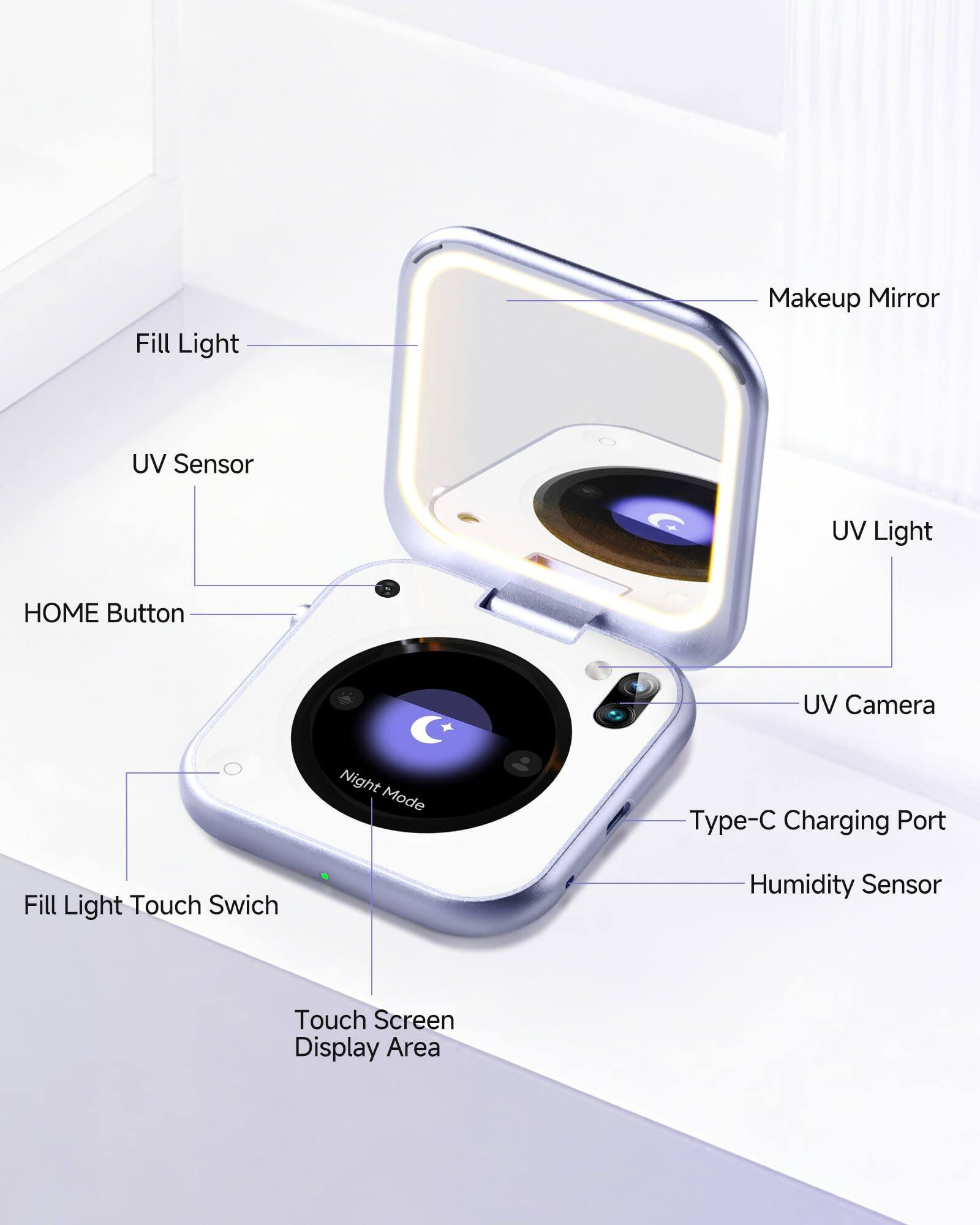 - Fill Light
- Makeup Mirror
- UV Sensor
- HOME Button
- UV Light
- UV Camera
- Type-C Charging Port
- Humidity Sensor
- Fill Light Touch Switch
- Touch Screen Display Area
- Night Mode