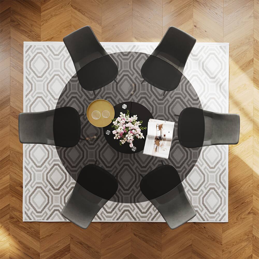 Alt View 2. POVISON - 59" Modern Black Round Dining Table For 6, Tempered Glass Tabletop,Carbon Steel Base - Gray Glass & Black Steel Base.