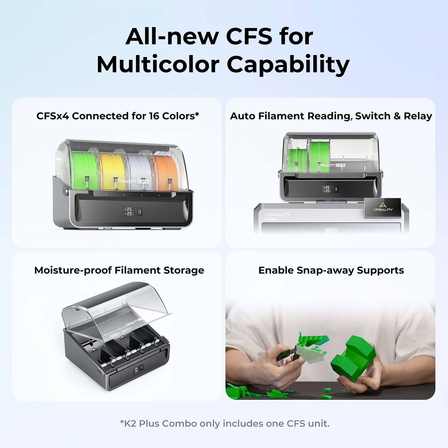 All-new CFS for Multicolor Capability:

* CFSx4 Connected for 16 Colors
* Auto Filament Reading, Switch & Relay
* High Quality Filament Storage
* Enable Snap-away Supports

Note: The K2 Plus Combo only includes one CFS unit.