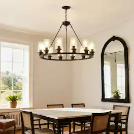 Boyel Living - Black Wagon Wheel Chandelier 31.5 Inch Modern Farmhouse Glass Pendant Light 12 Light Ceiling Hanging Lighting Fixtures