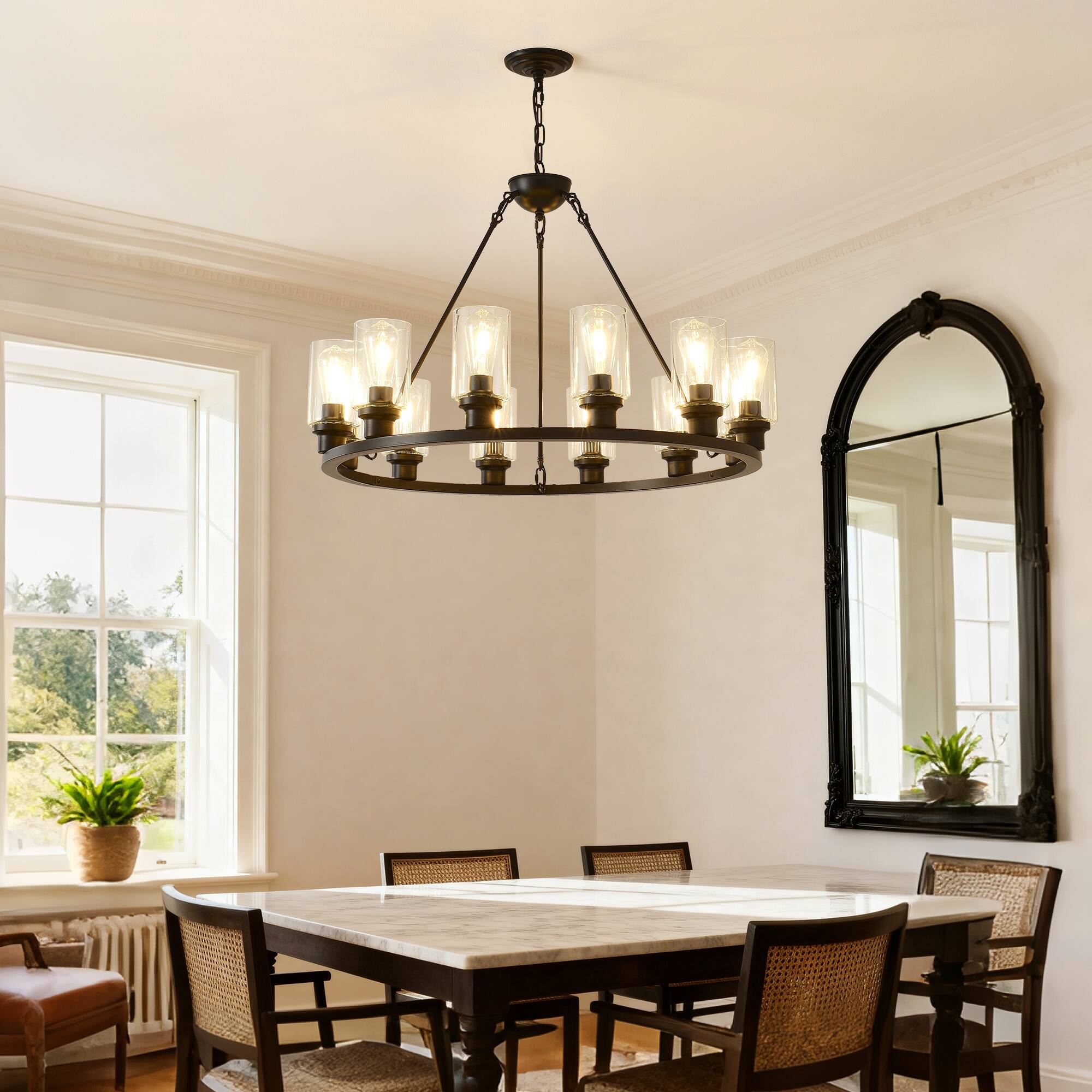 Front. Boyel Living - Black Wagon Wheel Chandelier 31.5 Inch Modern Farmhouse Glass Pendant Light 12 Light Ceiling Hanging Lighting Fixtures.