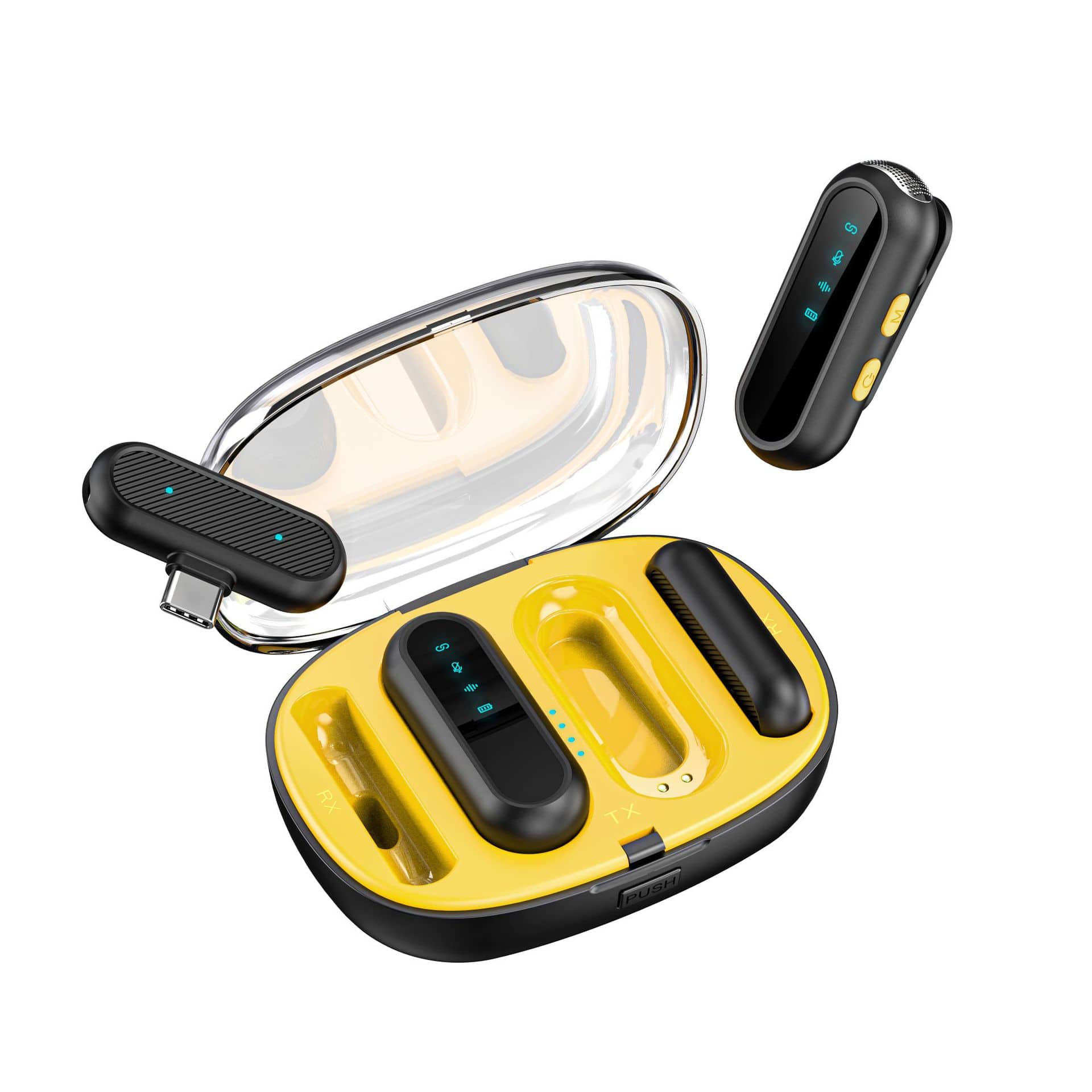 Cluzine- Wireless Lavalier Mic Noise Cancelling 1 Drag 2 with Charging Case for iPhone Android- Yellow