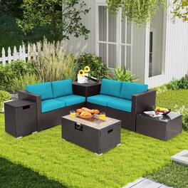 Costway - 6PCS Patio Rattan Furniture Set 32" Fire Pit Table Tank Holder - Mix Brown & Turquoise