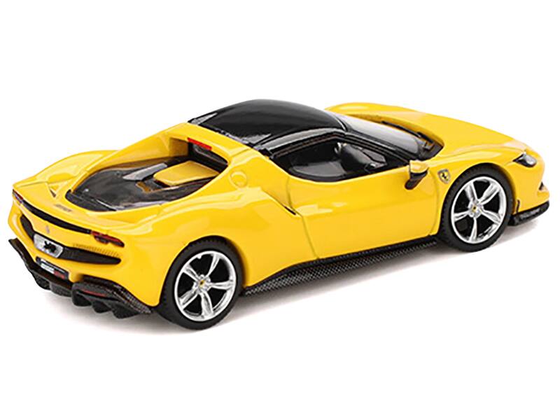 Left. BBR - Ferrari 296 GTB Giallo Modena Yellow with Black Top 1/64 Diecast Model Car by BBR - Yellow.