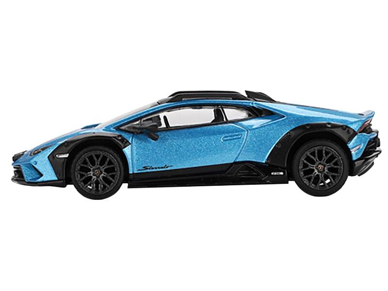 Angle. Mini GT - Lamborghini Huracan Sterrato Blu Aegir Blue Metallic with Black Top Limited Edition 1/64 Diecast Model Car by Mini GT - Blue Metallic with Black.