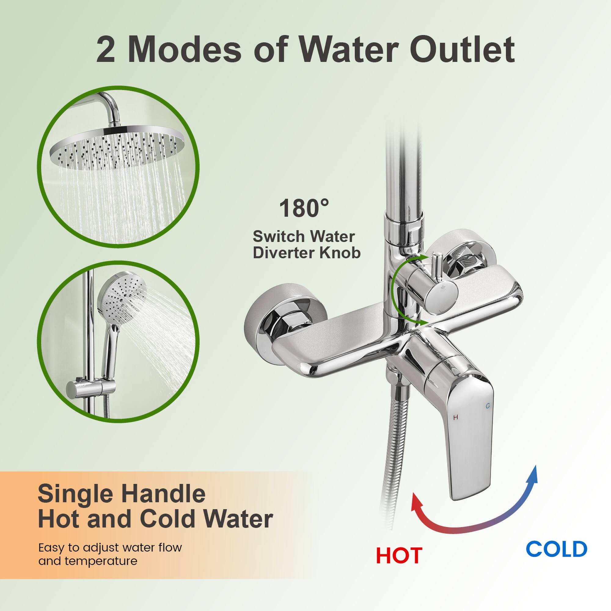 2 Modes of Water Outlet

180° Switch Water Diverter Knob

Single Handle Hot and Cold Water

Easy to adjust water flow and temperature

HOT COLD