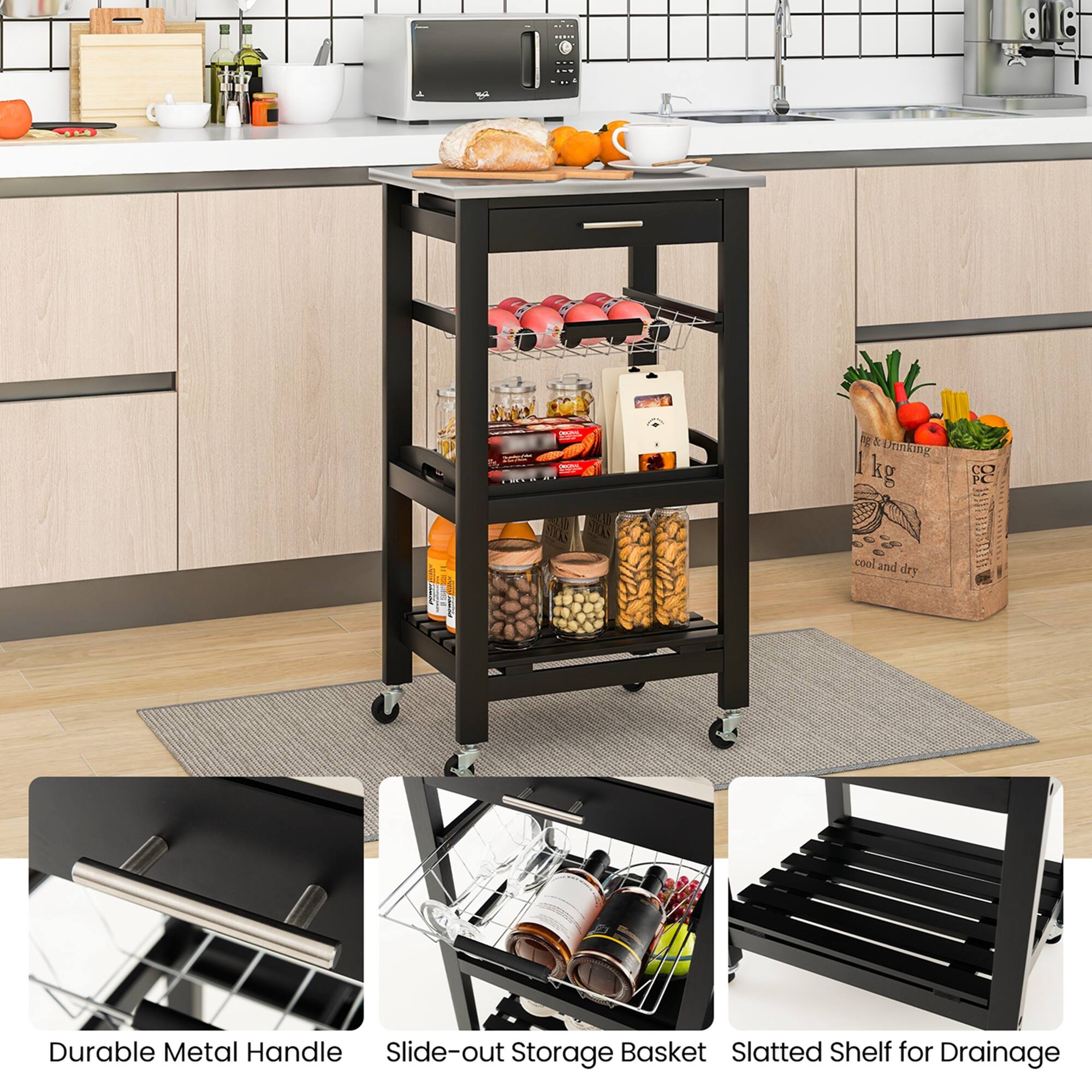 Durable Metal Handle Slide-out Storage Basket Slatted Shelf for Drainage