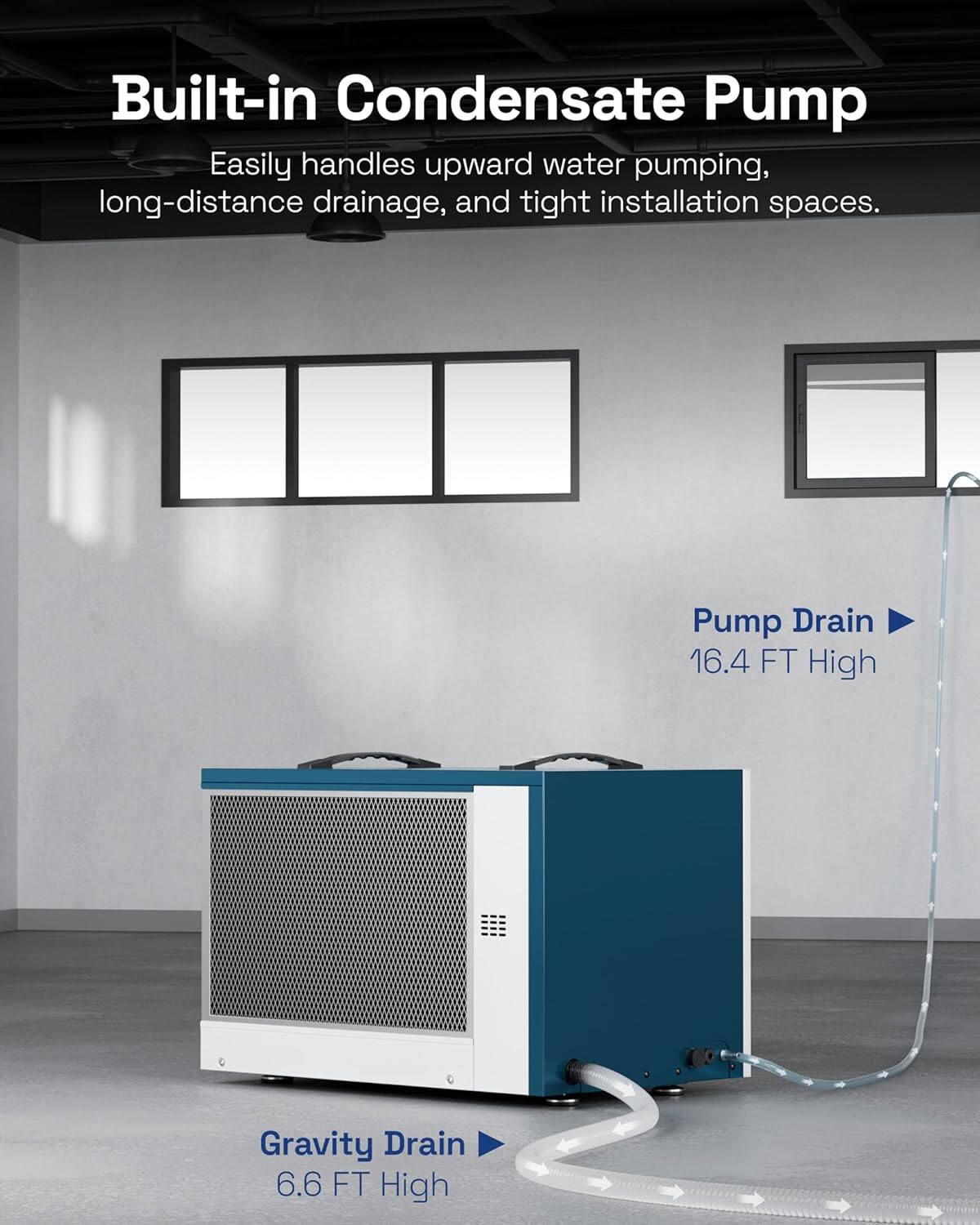 Built-in Condensate Pump  
Easily handles upward water pumping, long-distance drainage, and tight installation spaces.  

Pump Drain  
16.4 FT High  

Gravity Drain  
6.6 FT High