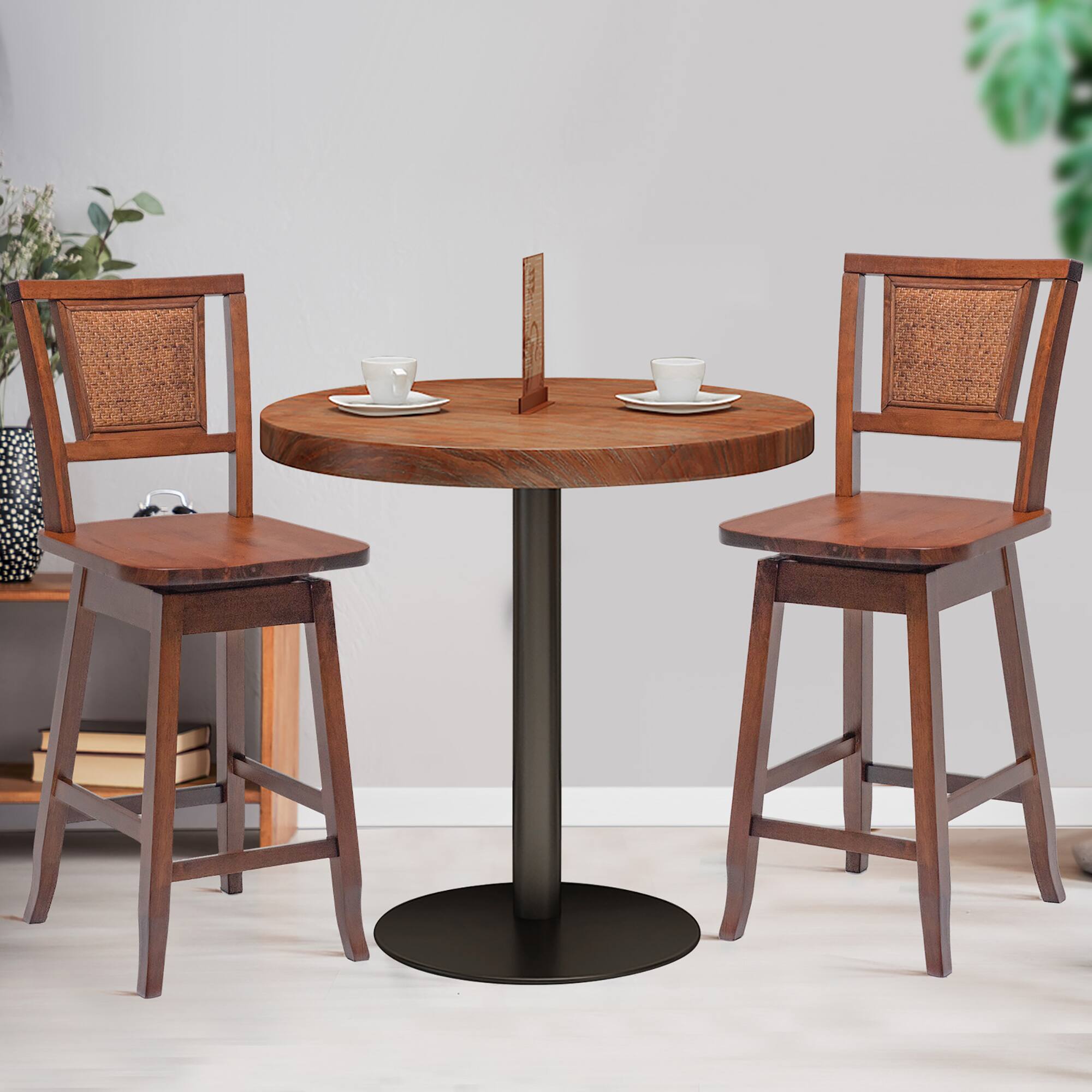 Alt View 3. Costway - Costway Set of 2 Swivel Bar Stools Counter Height Rubber Wood Pub Chairs w/ Rattan Back - Natural.