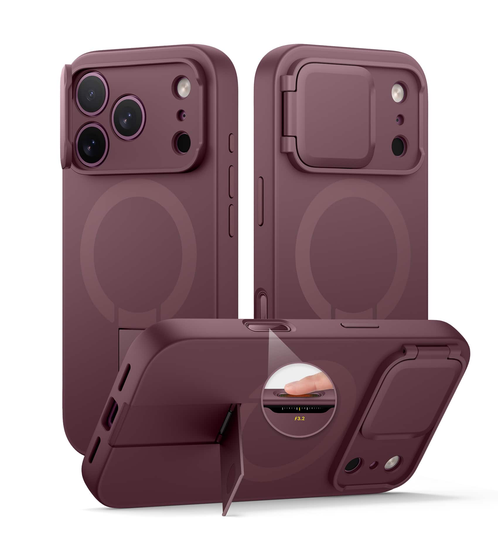 SURITCH - Slim Magnet Case for iPhone 18 Pro Max, Compatible with MagSafe, Built in Kickstand & Camera Button - Burgundy Red