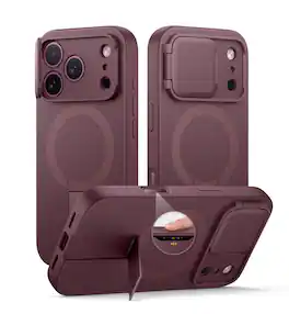 SURITCH - Slim Magnet Case for iPhone 18 Pro Max, Compatible with MagSafe, Built in Kickstand & Camera Button - Burgundy Red