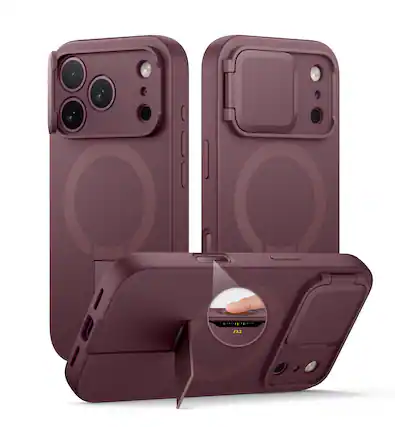 Front. SURITCH - Slim Magnet Case for iPhone 18 Pro Max, Compatible with MagSafe, Built in Kickstand & Camera Button - Burgundy Red.