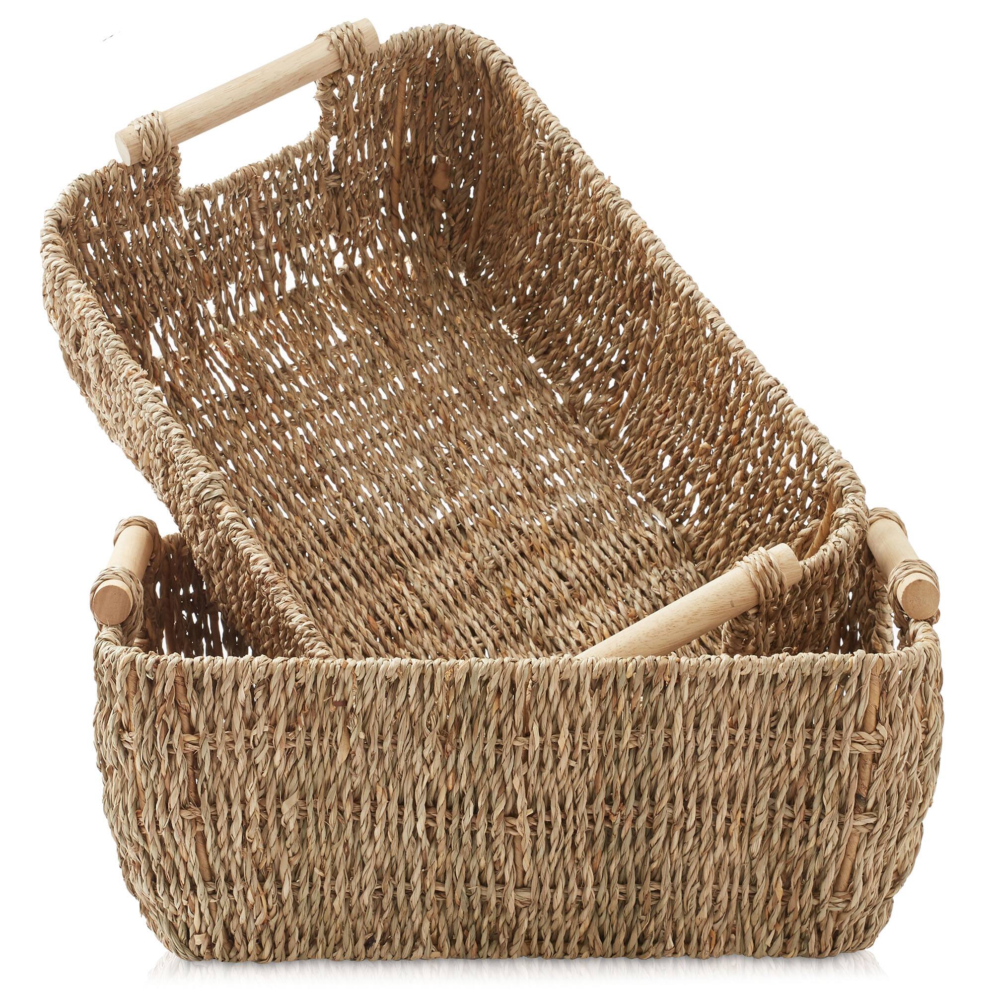 Alt View 6. Casafield - Hyacinth Seagrass Oval Storage Baskets with Wooden Handles - Woven Bins - Natural - Seagrass.