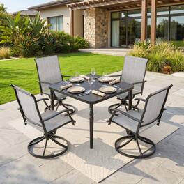 Nuu Garden - 5-Piece Patio Dining Set with Umbrella Hole, Textilene Swivel Chairs - Black and Gray