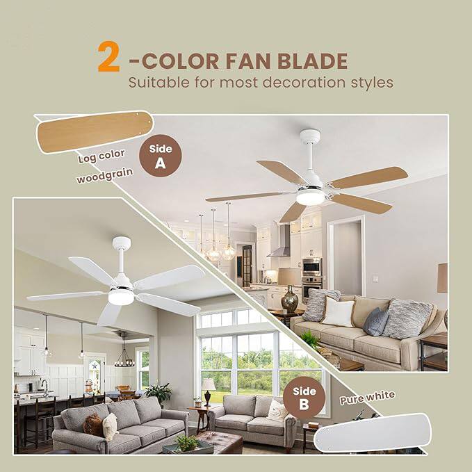 2 - COLOR FAN BLADE  
Suitable for most decoration styles  

Side A  
Log color woodgrain  

Side B  
Pure white