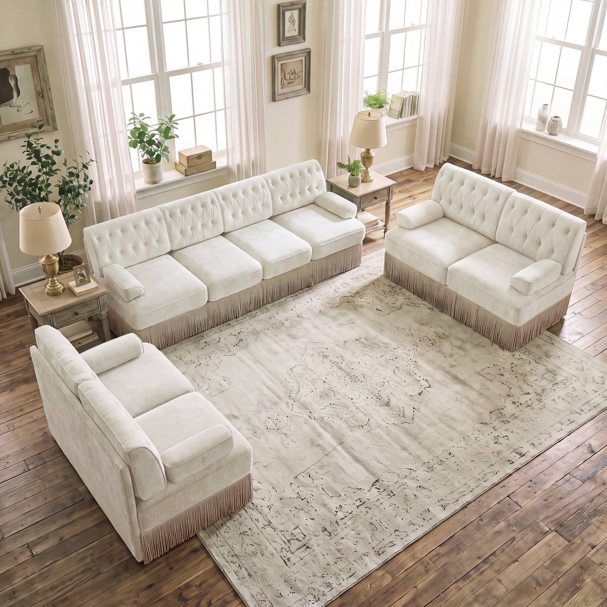 Front. Anysun - Chesterfield Upholstered 3‑Piece Sofa Set, 2Pcs 2-Seater & 1Pc 4-Seater Button-Tufted Velvet Couch with Tassel Skirt - Beige.