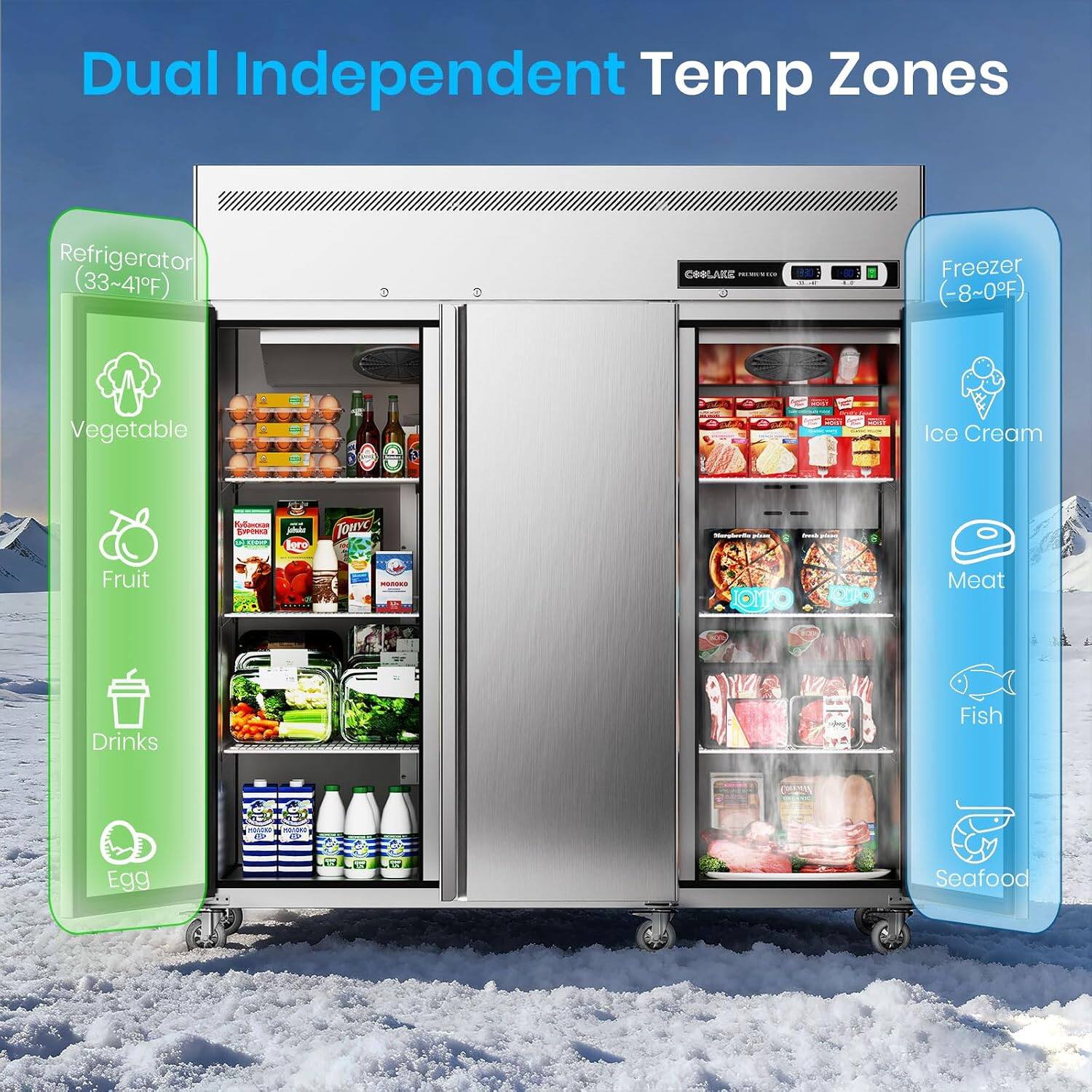 Dual Independent Temp Zones Refrigerator (33~41F) COOLAKE Freezer (-8~0F) Vegetable - H Ice Cream Snrimn I OE F Toure Fruit - TOMPO ONO Meat Drinks Fish - Egg 4d Seafood
