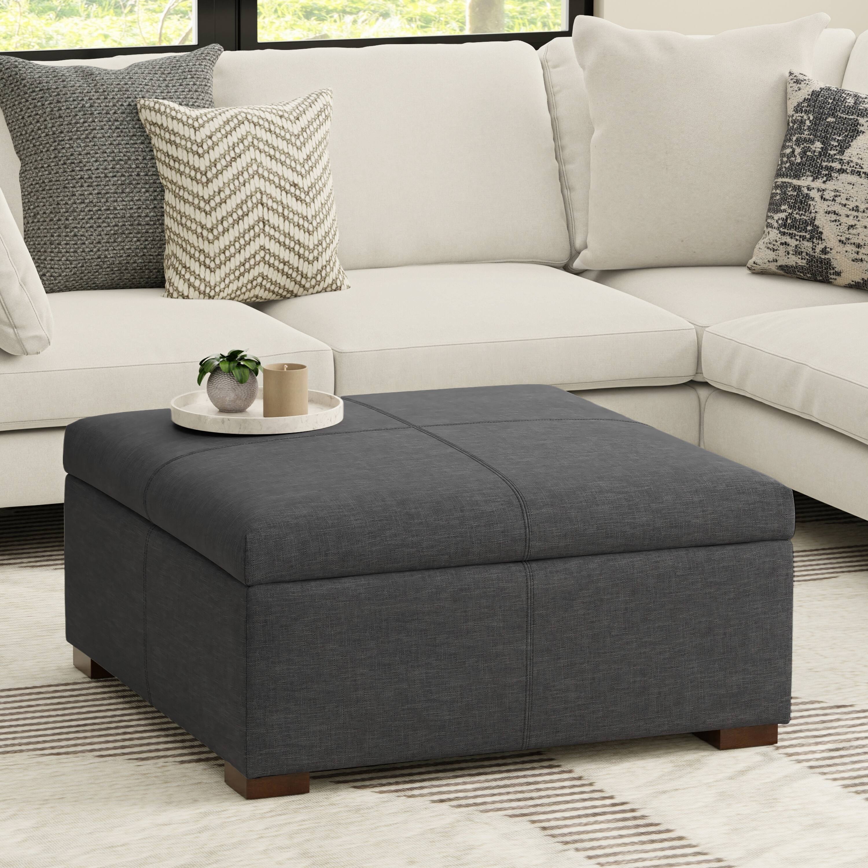 Angle. Simpli Home - Gabbie 36 inch Wide Square Coffee Table Storage Ottoman in Slate Grey Polyester Linen - Slate Grey.