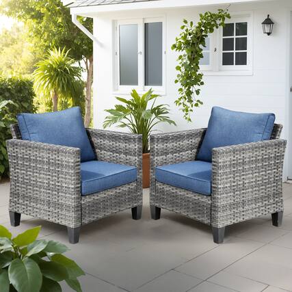 Front. Ovios - 2 PCS Patio Furniture Comfy Single Chair Outdoor Rattan Armchair Wicker Chair with Cushions - Denim Blue.