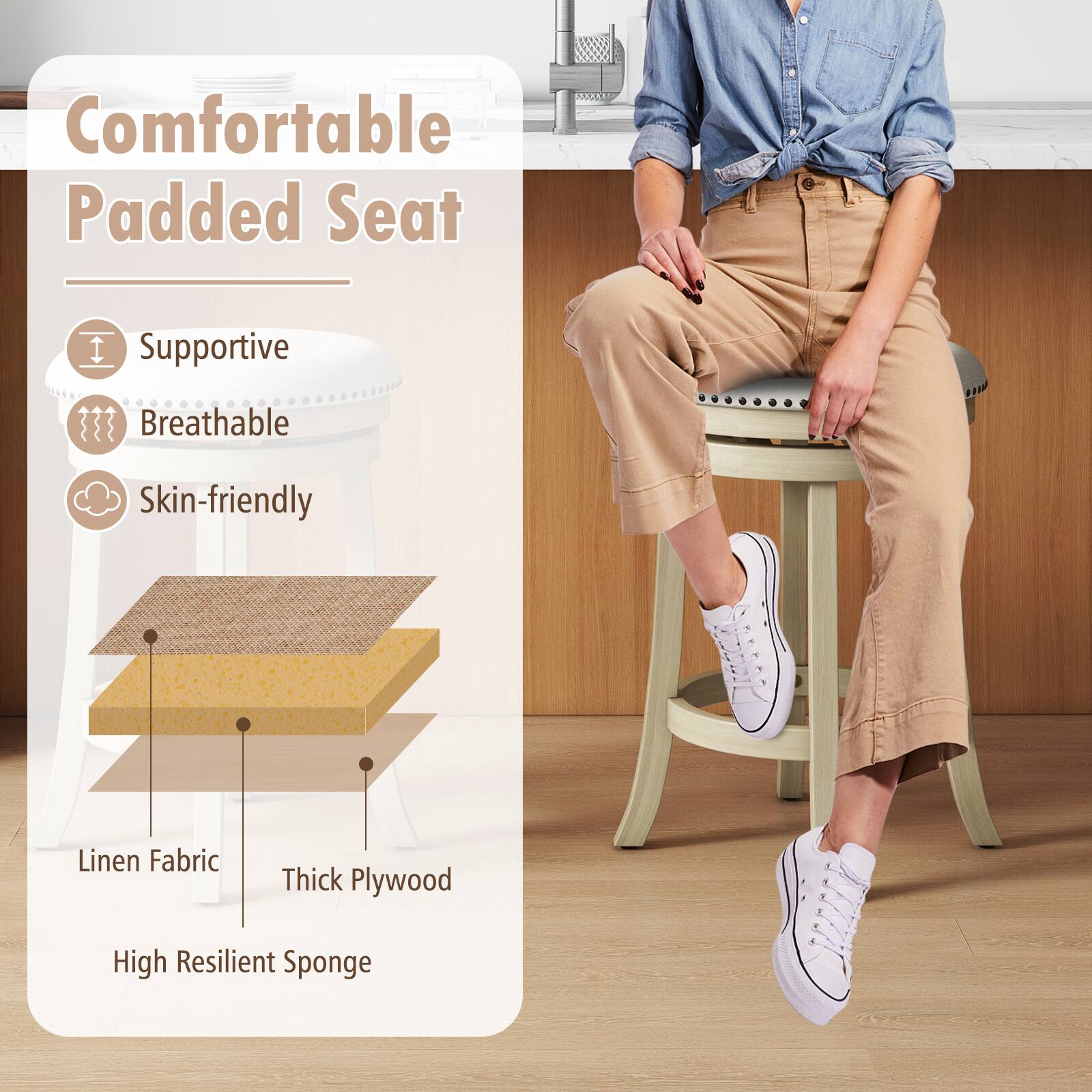 Comfortable Padded Seat  
- Supportive  
- Breathable  
- Skin-friendly  

Linen Fabric  
Thick Plywood  
High Resilient Sponge