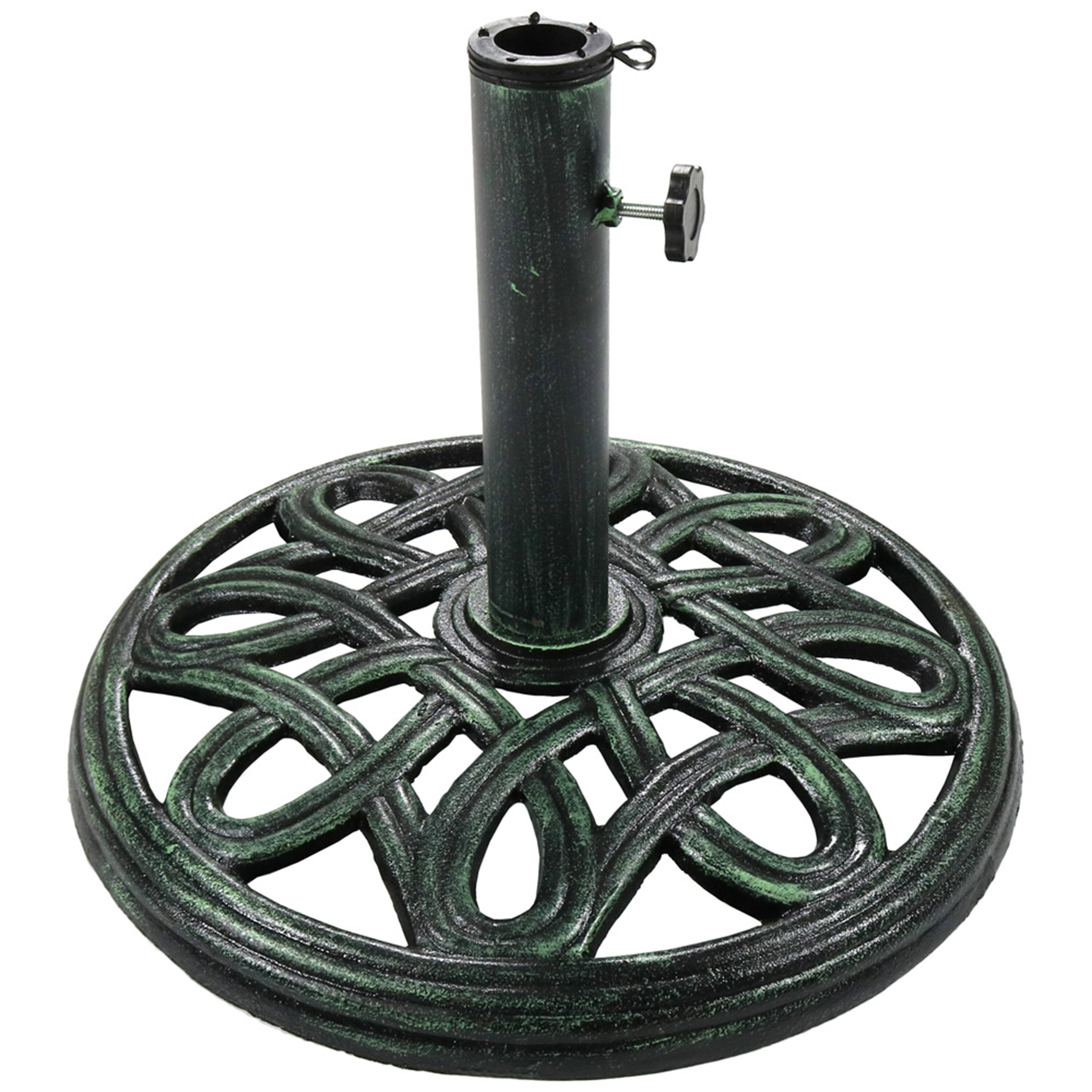 Front. Sunnydaze - 17 in Lattice Cast Iron Round Patio Umbrella Base - Green.