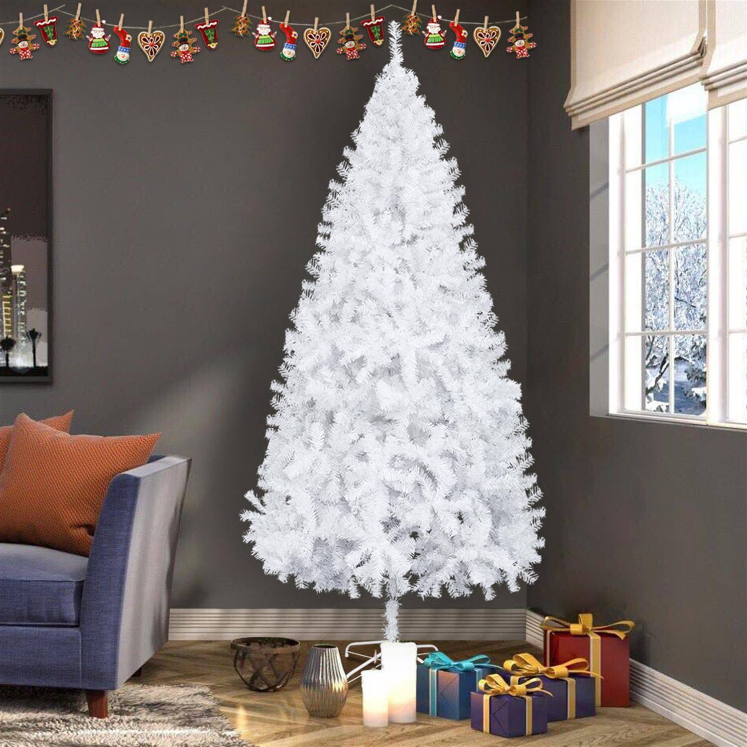Alt View 6. Pefilos - 8ft Tall LED Flocked Tied Light Christmas Tree, Festive Lighting with Realistic Look and Warm Glow, Durable Construction - White.