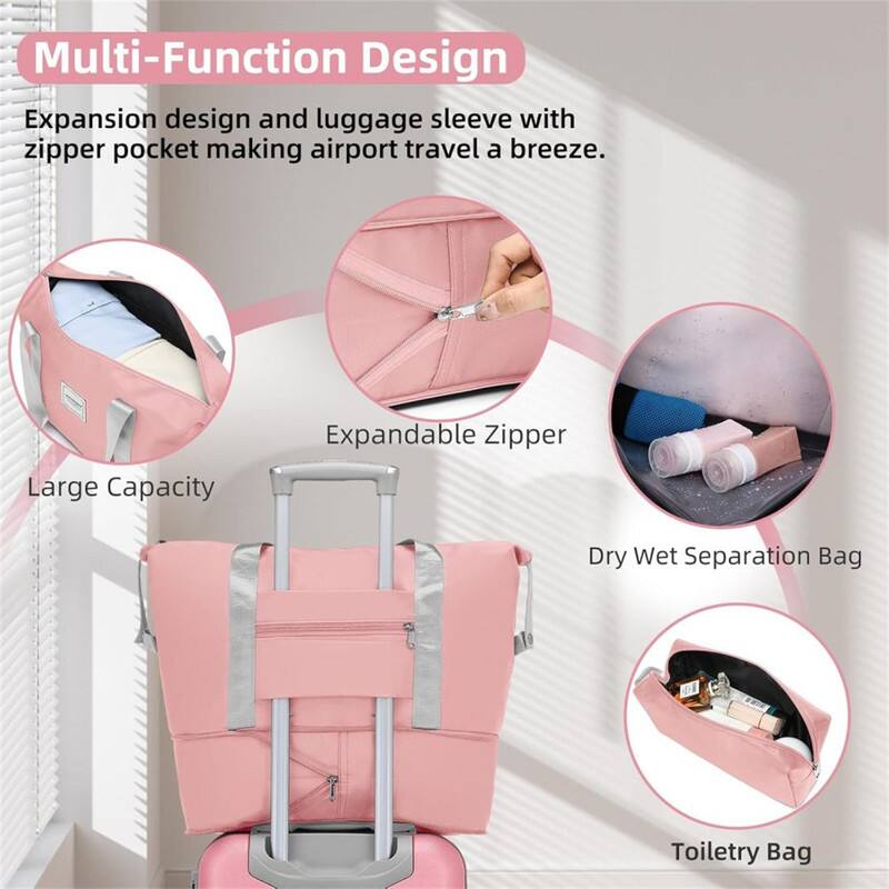 Multi-Function Design  
Expansion design and luggage sleeve with zipper pocket making airport travel a breeze.  

- Large Capacity  
- Expandable Zipper  
- Dry Wet Separation Bag  
- Toiletry Bag