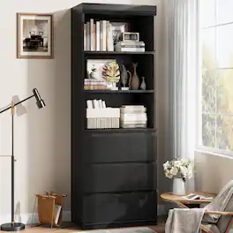 Qeetex - 70" Tall Bookcase with 3 Drawers, Modern Wooden Bookshelf with 3 Open Shelves, Storage Cabinet for Home Office - Black