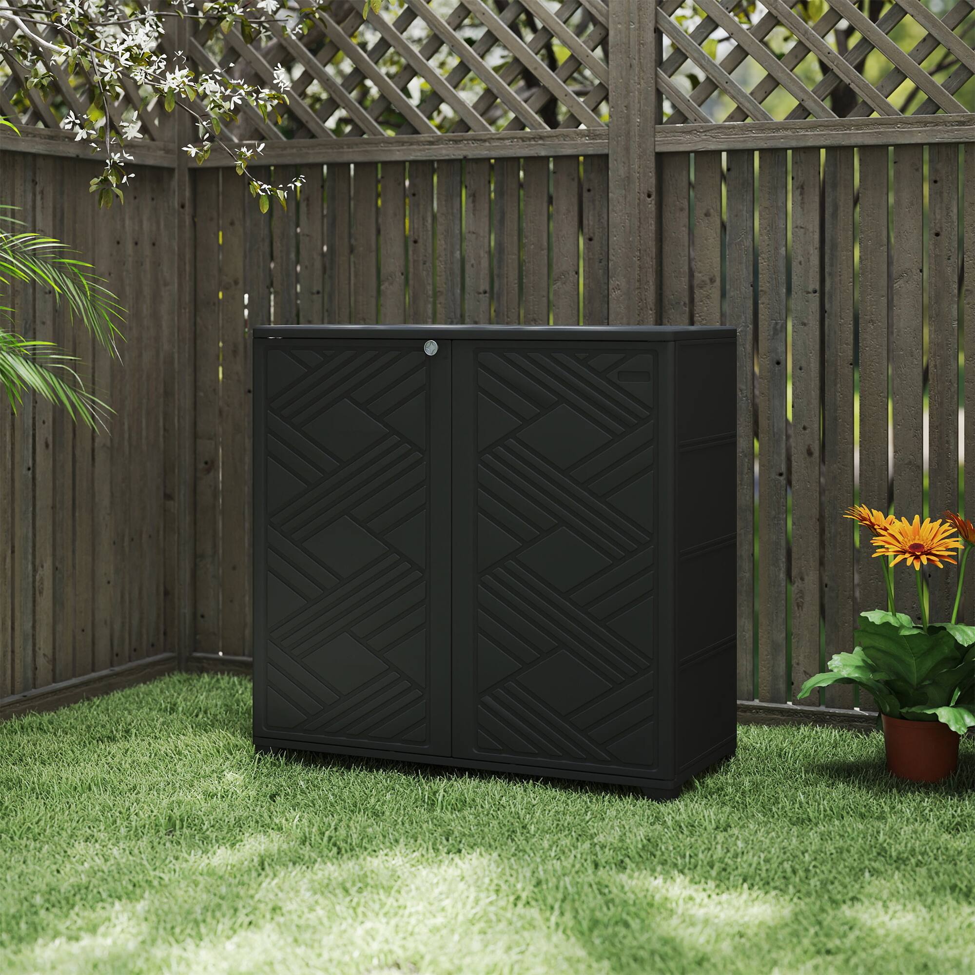 Angle. Decksplore - Outdoor Storage Shed with 3 Shelves, All-Weather Resin Cabinet for Patio, Garden, and Backyard - Black.