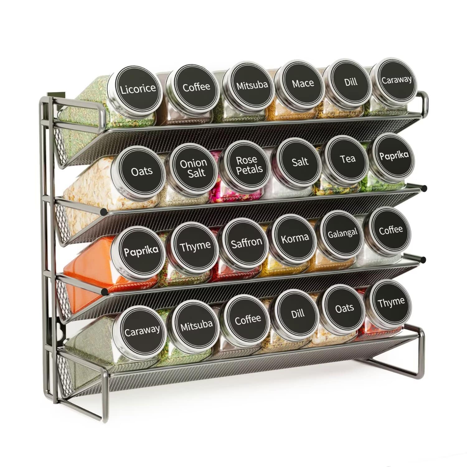 Tooloton - Spice Rack Organizer Set with 24 Glass Jars, Countertop Seasoning Rack with Labels, Marker & Funnel, 24 Jars included