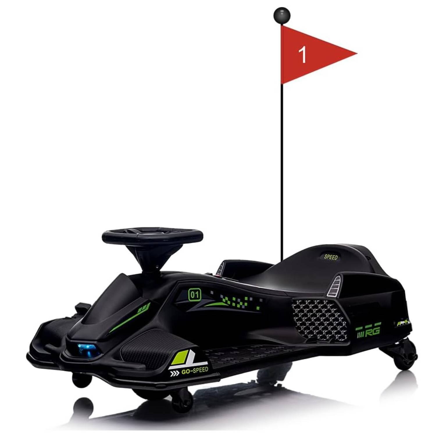 Qeetex - 12V Kids Drift Car, Electric Go-Kart w/45W Motor, 5 MPH Variable Speed, LED Lights, Safety Alarm - Black