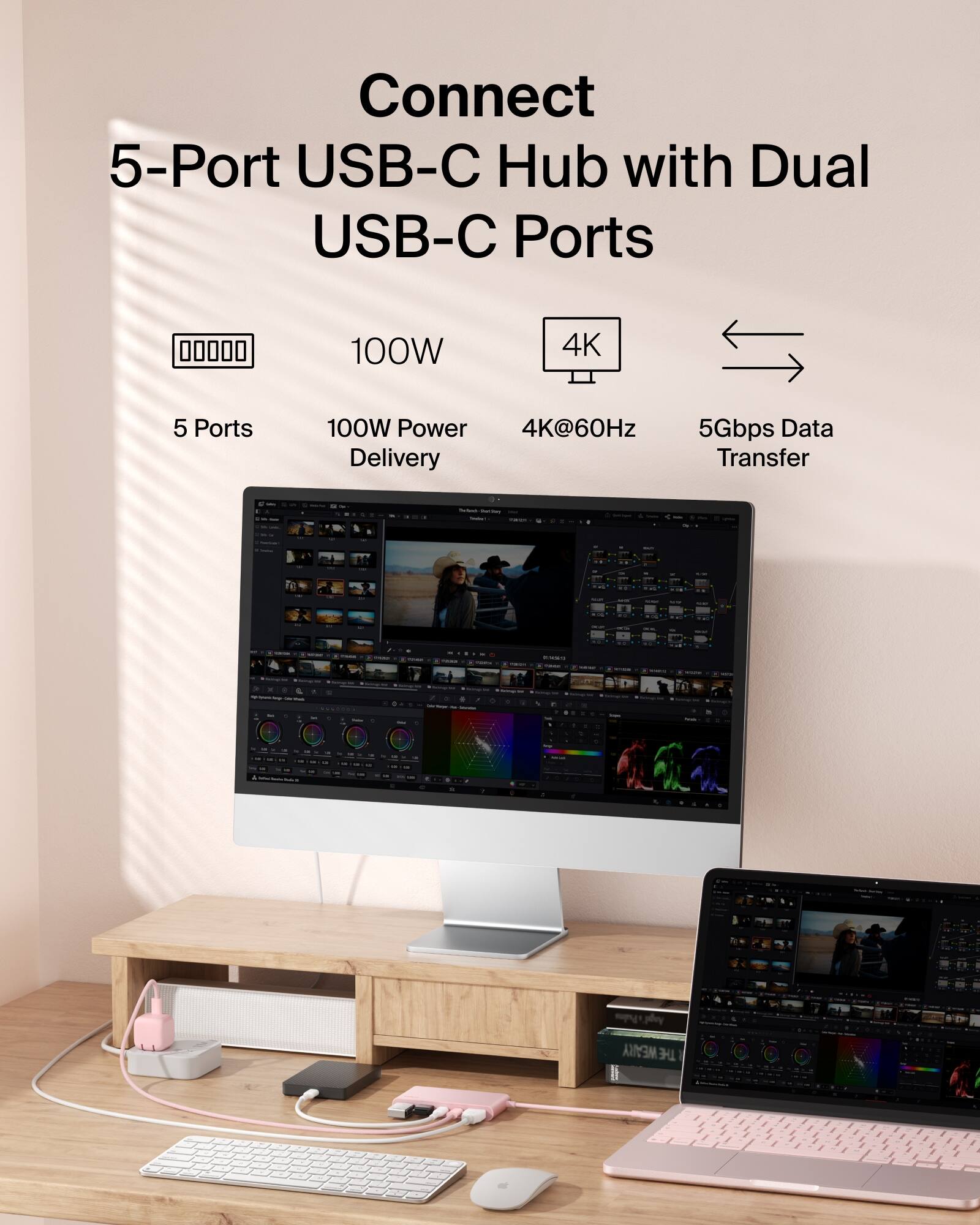 Connect  
5-Port USB-C Hub with Dual USB-C Ports

- 100W Power Delivery
- 4K@60Hz
- 5Gbps Data Transfer
- 5 Ports