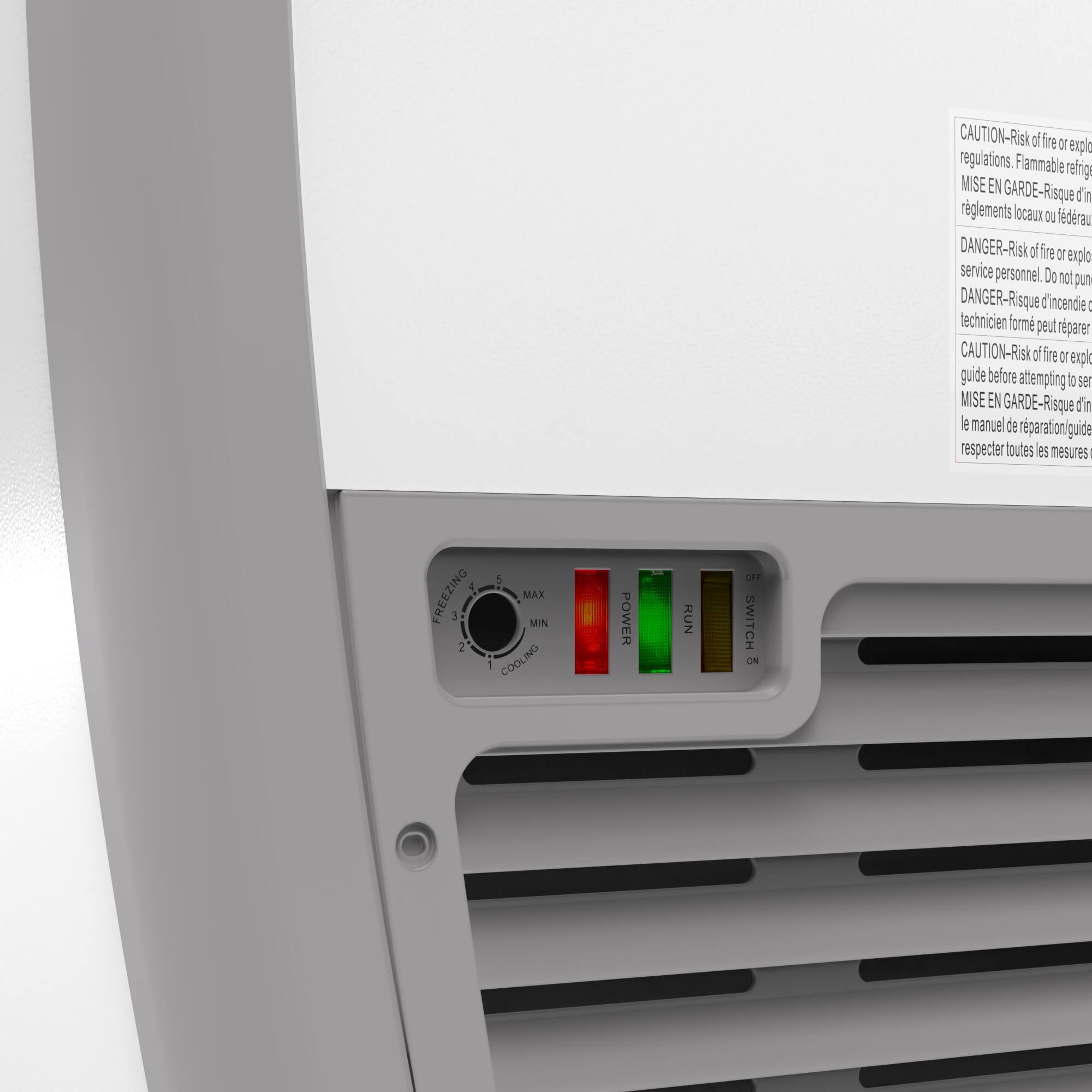 CAUTION-Risk of fire or explo regulations. Flammable refrig MISE EN GARDE-Risque d'incendie réglement locaux ou fédéraux. DANGER-Risk of fire or explosion. Service personnel. Do not puncture. DANGER-Risque d'incendie. Technician forme peut reparer. CAUTION-Risk of fire or explosion. Guide before attempting to serve. MISE EN GARDE-Risque d'incendie. le manuel de réparation. respecter toutes les mesures. 4 FREEZING 3 1 5 MAX MIN - COOLING POWER RUN OFF SWITCH ON